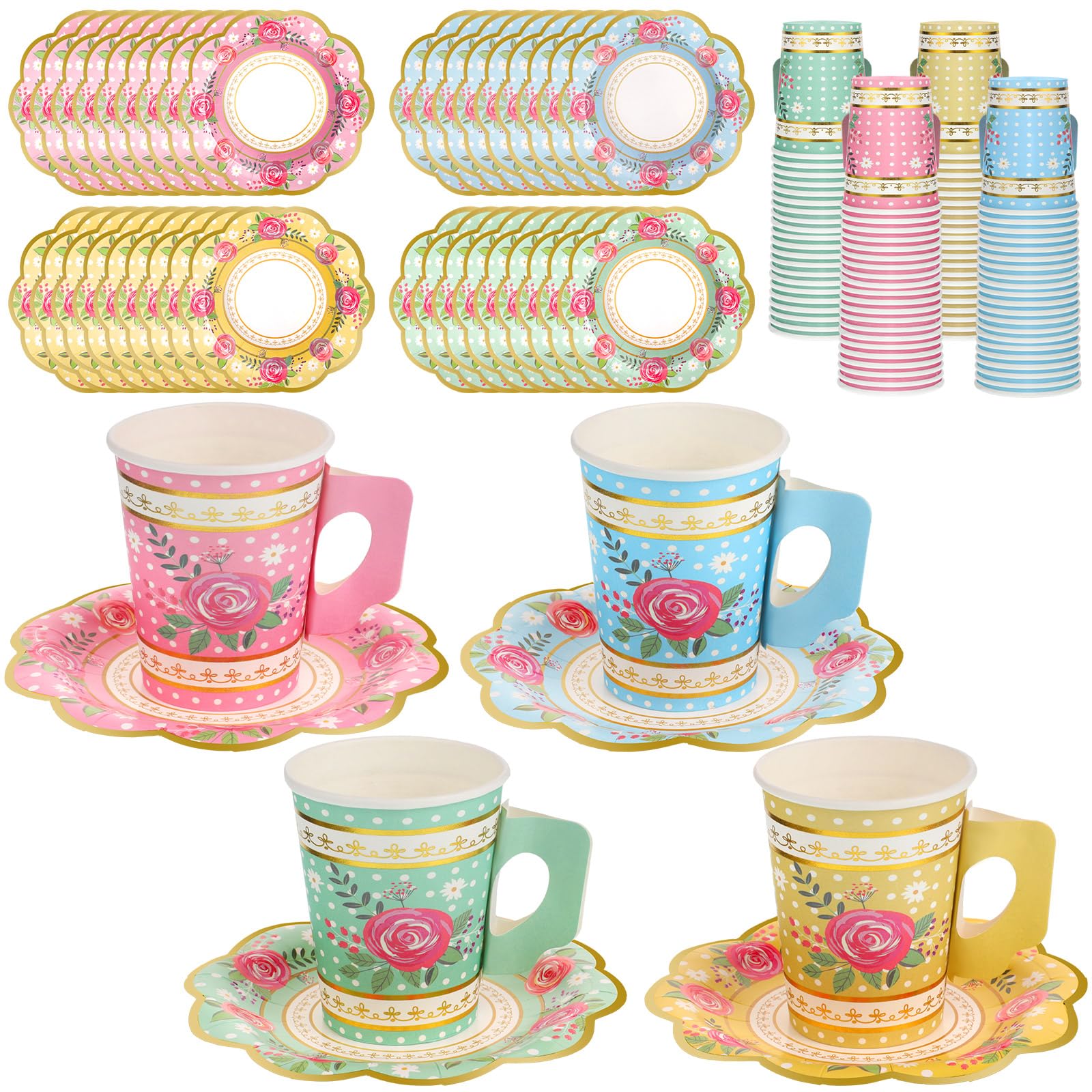 200 Pcs Floral Disposable Paper Tea Cups and Saucers Set - 9 oz Bulk Tea Cups with Handles & Plates for Tea Party, Baby Shower, Wedding, Birthday - Serves 100 Guests - Perfect for Garden Parties, Bridal Showers & Afternoon Tea Events