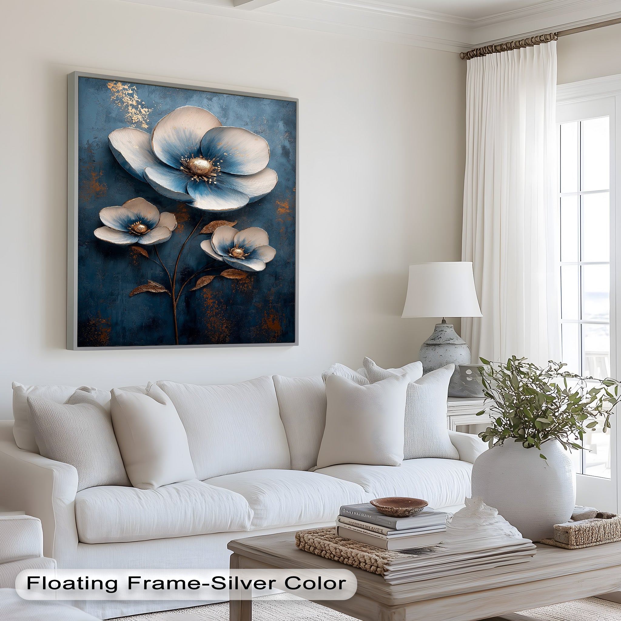 Blue and Gold Flower Modern Oil Painting - Handmade Canvas Wall Art for Living Room, Bedroom & Office Decor