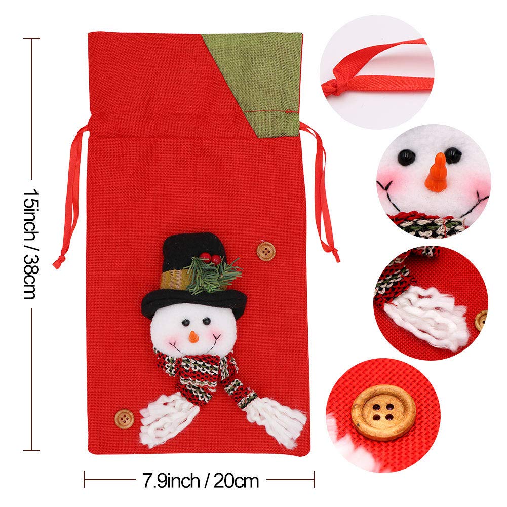 OurWarm 3D Santa Claus Snowman Reindeer Christmas Gift Bags Bulk - 15x8 Inch Large Drawstring Burlap Sacks, Reusable Xmas Party Treat Goody Bags for Holiday Gifting, Stocking Stuffers & Festive Decorations