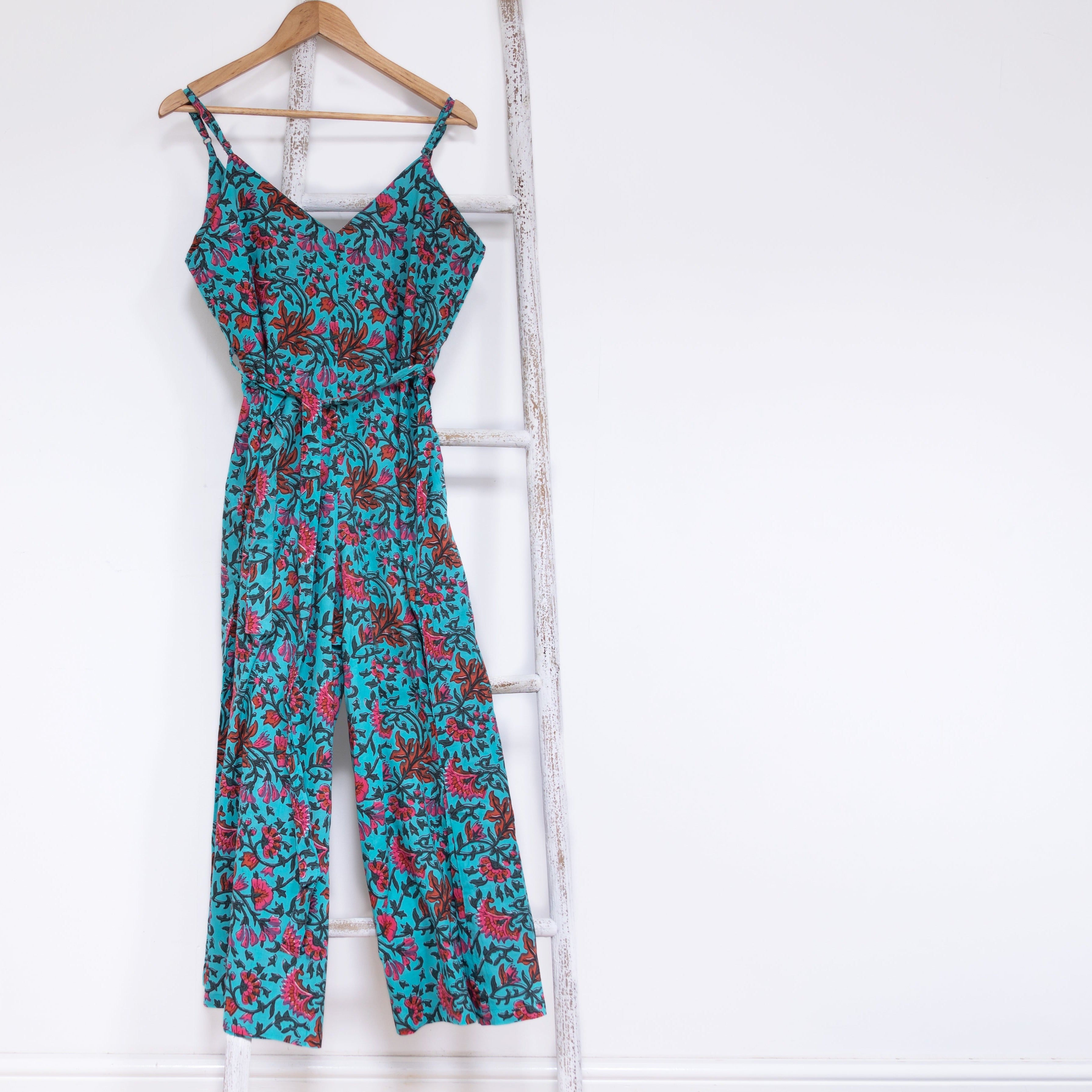 Stylish Wide Leg Jumpsuit for Women - Comfortable Block Print Cotton Romper in Vibrant Brilliant Blue | Perfect for Summer Outings, Beach Vacations & Boho Fashion