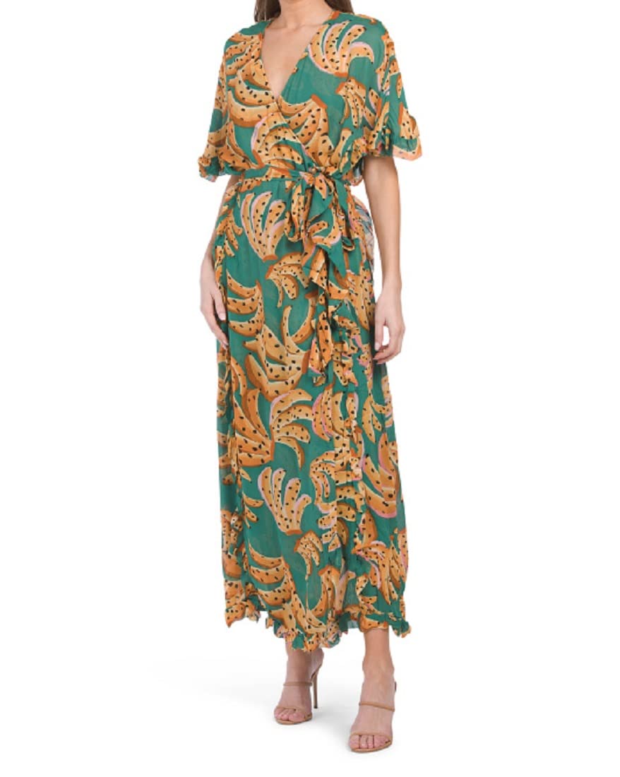Farm Rio Raining Bananas Green V-Neck Dolman Sleeve Maxi Wrap Dress - Medium | Tropical Floral Print Summer Beach Dress for Vacations & Date Nights