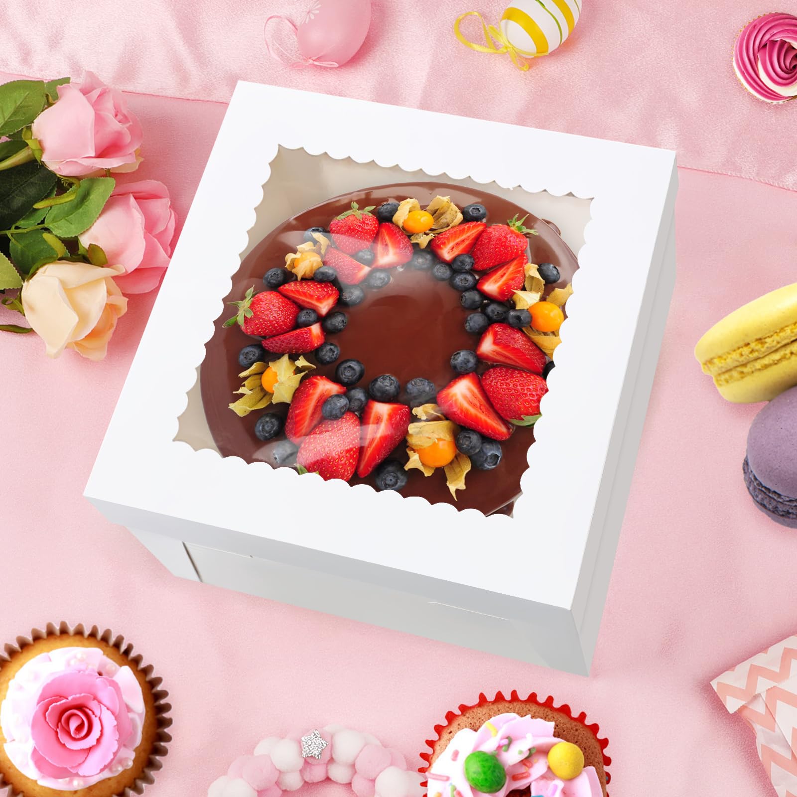 8x8x8 Inch White Cake Boxes 4-Pack - Window Bakery Boxes for Cookies, Pies & Cupcakes - Perfect for Parties & Gifting