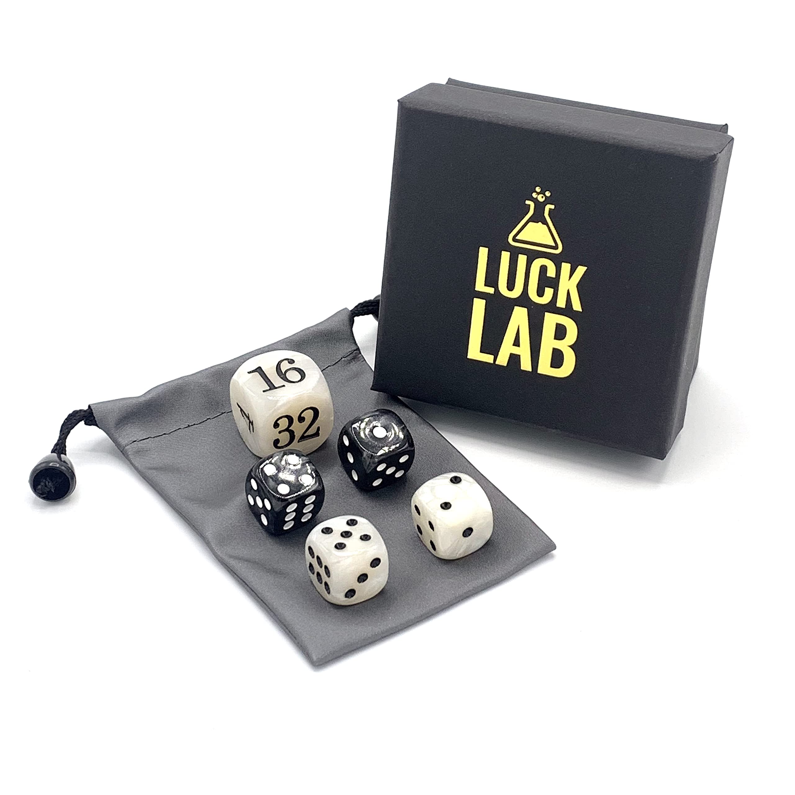 Luck Lab Backgammon Pearl Dice Set - 22mm Doubling Cube & Four 16mm Dice with Bonus Storage Bag, Black/White Marbleized - Premium Game Accessories for Backgammon, Board Games, Casino Night & Gifts
