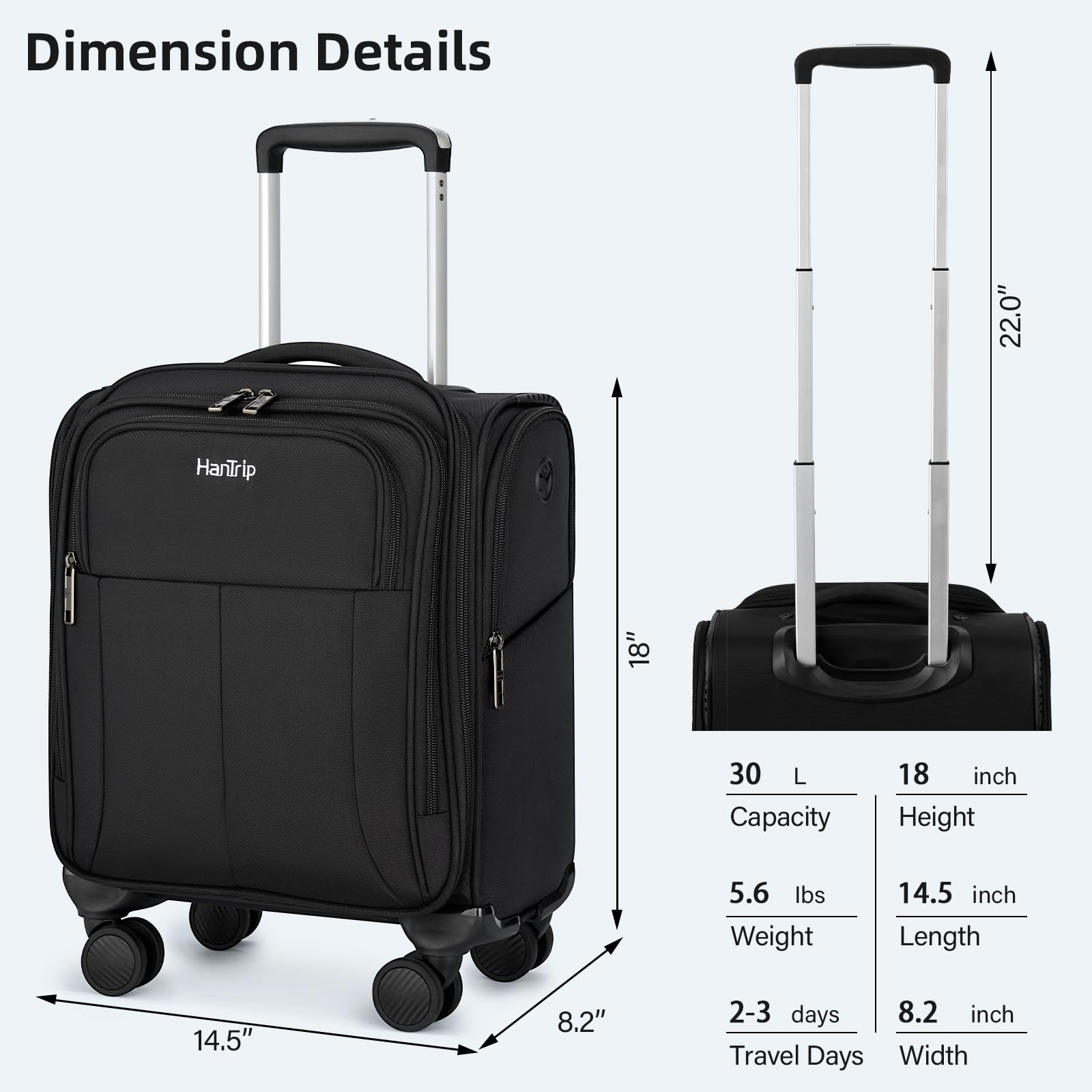 16 Inch Underseat Carry On Luggage with Wheels - Softside Small Suitcase for Air Travel, Personal Item Bag with Pockets - Perfect for Men & Women Business Trips, Overnight Stay (Black) | Compact & Lightweight Cabin Bag for Airlines, Commuting, Weekend Getaways