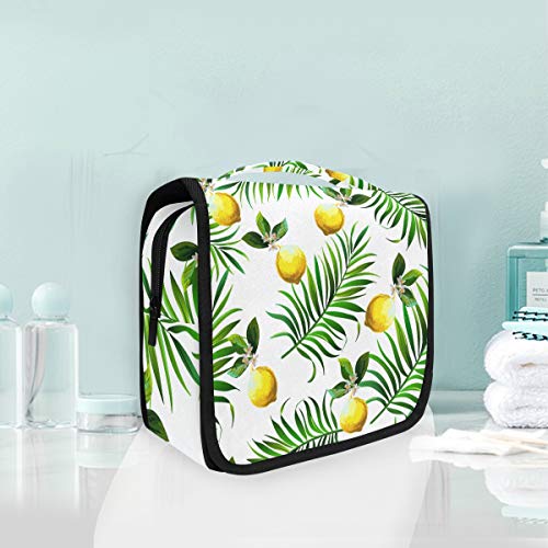 Portable Hanging Toiletry Bag - Travel Cosmetic Organizer for Women & Men - Leaves & Lemon Design