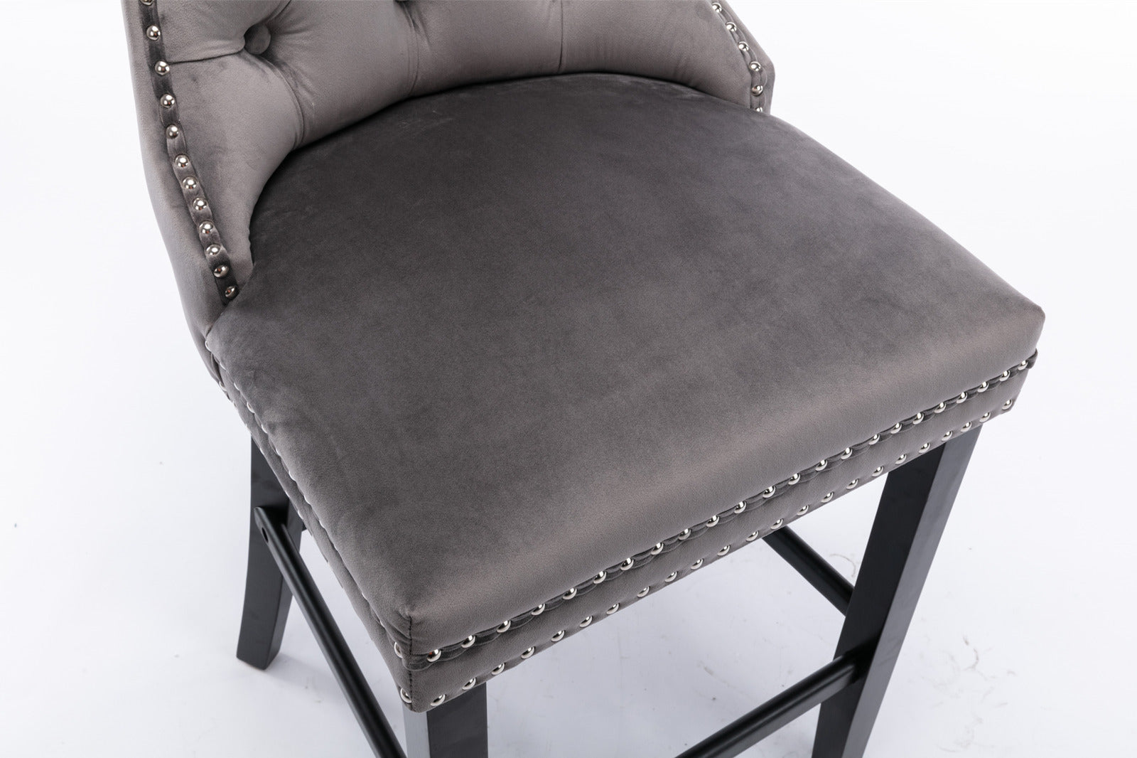 Contemporary Velvet Upholstered Bar Stools with Button Tufted Back & Wooden Legs - Set of 2 Gray Bar Chairs with Chrome Nailhead Trim for Kitchen Island, Breakfast Nook & Home Bar Decor (SW1902GY)