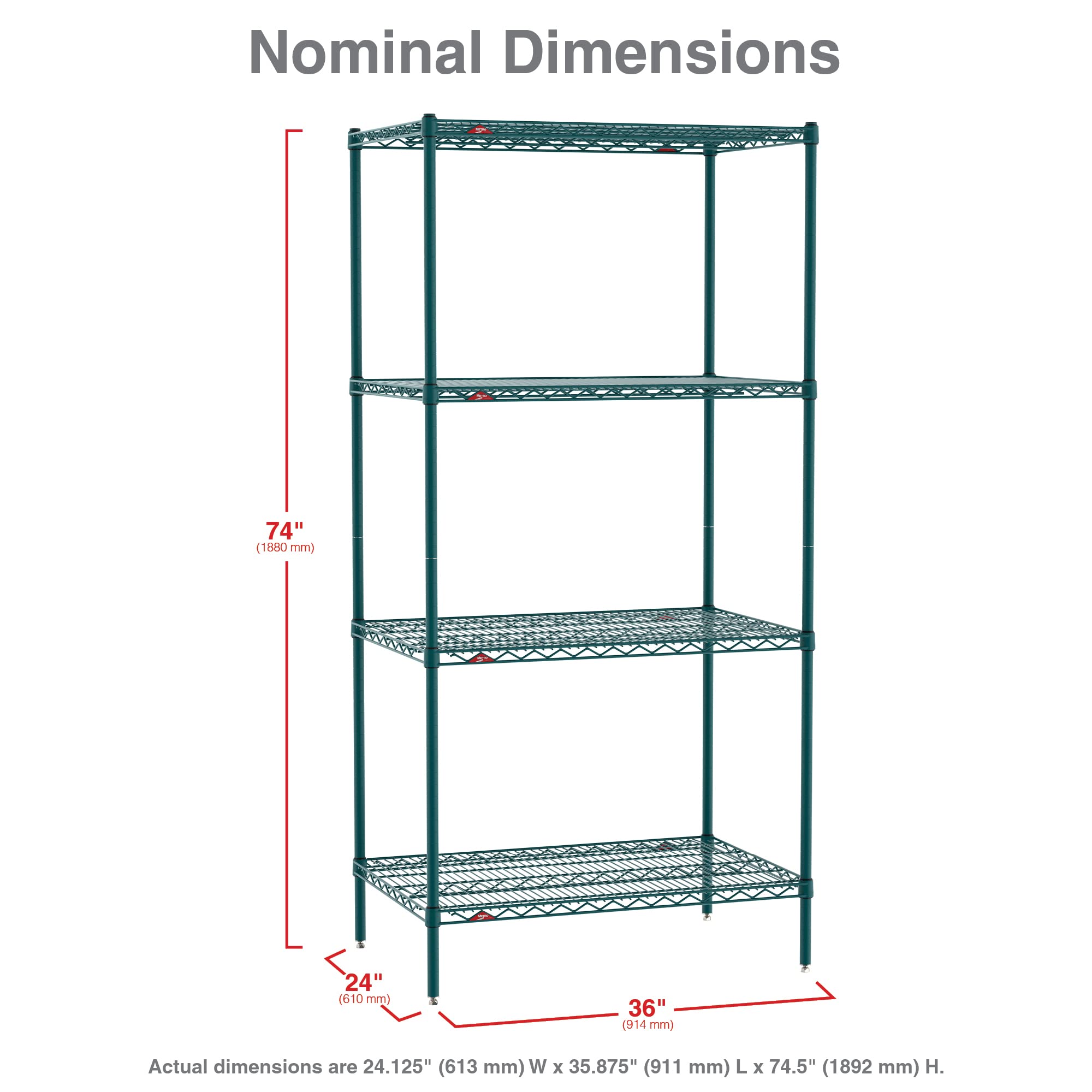 METRO Super Erecta Metroseal Green Epoxy 4-Tier Industrial Wire Shelving Unit - 2000 lbs Capacity (24”W x 36”L x 74”H) with Microban Protection - Heavy Duty Storage Rack for Commercial Kitchens, Restaurants, Walk-in Coolers & Freezers - Ideal for Food Storage, Warehouse Organization and Industrial Use