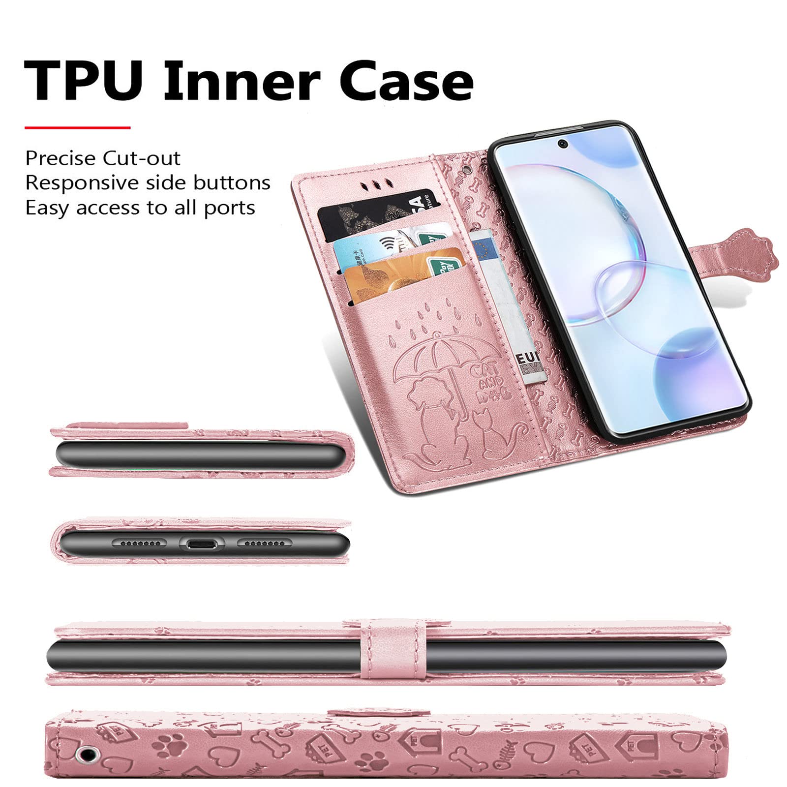 Cute Cartoon Cat & Dog Wallet Case for Huawei Honor 50/Nova 9 - PU Leather Flip Cover with ID Card Holder (Rose Gold) - Perfect for Daily Use, Travel & Shopping