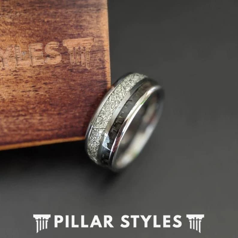 Men's Tungsten Wedding Band - 8mm Black Carbon Fiber & Silver Meteorite Ring with Comfort Fit | Unique Space Rock Anniversary Gift for Him | Perfect for Engagements, Weddings & Special Occasions