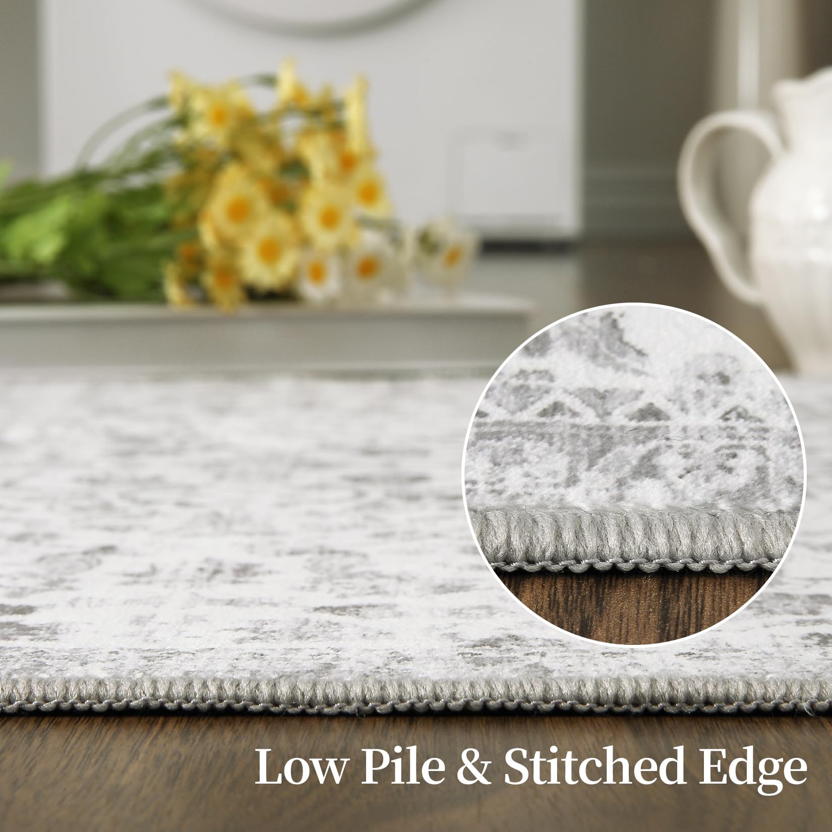 GARVEE 2x3 Washable Non-Slip Boho Floral Rug - Light Grey Indoor Entryway & Bathroom Mat, Stain-Resistant for Bedroom, Living Room & High-Traffic Areas
