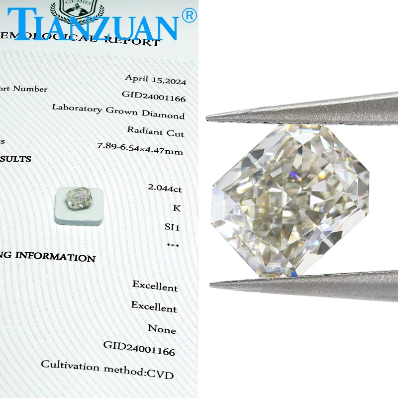 Radiant Cut Lab-Grown CVD Diamond - I/K Color VS2/SI1 Clarity, 2EX Cut, GEMID Certified Loose Gemstone Bead for Engagement Rings & Fine Jewelry Making