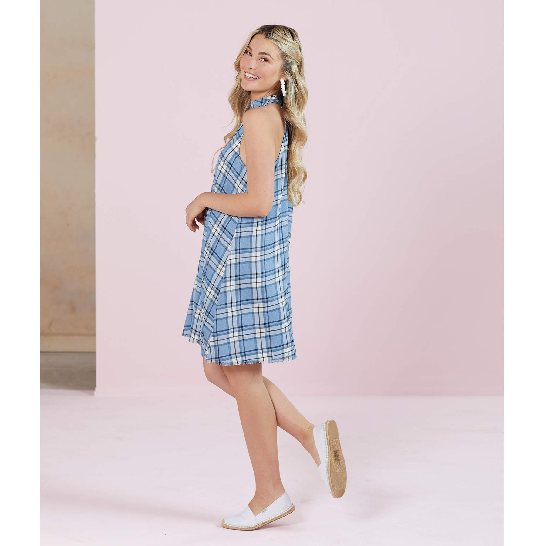 Mud Pie Women's Blue Plaid Clara Swing Dress - Size Large - Flowy Casual Summer Dress for Brunch, Beach & Outdoor Activities
