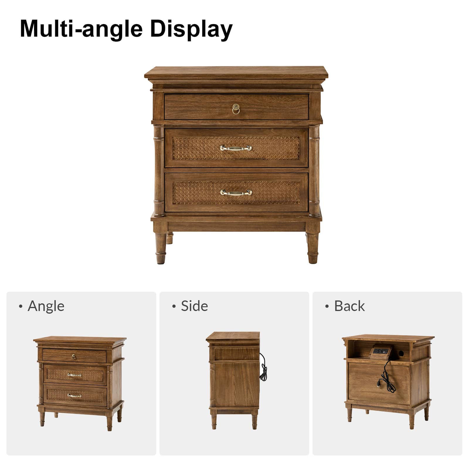 Emilio 3-Drawer Solid Wood Nightstand with USB Charging Port - Modern Bedside Table for Bedroom, Living Room & Office - Perfect for Charging Devices & Storage