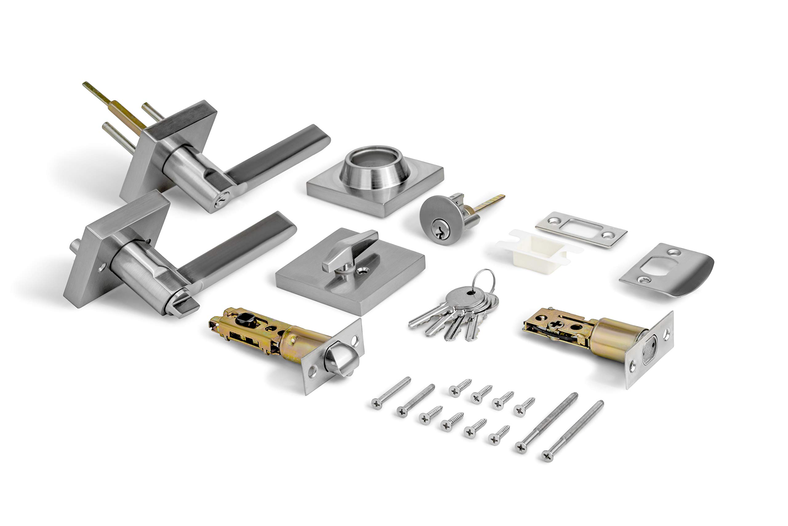 Berlin Modisch Modern Square Entry Lever Door Handle with Single Cylinder Deadbolt Lock Set - Heavy Duty Satin Nickel Finish for Front Doors, Office & Interior Doors (Right/Left Handed) - Secure & Stylish Home & Business Access Solution