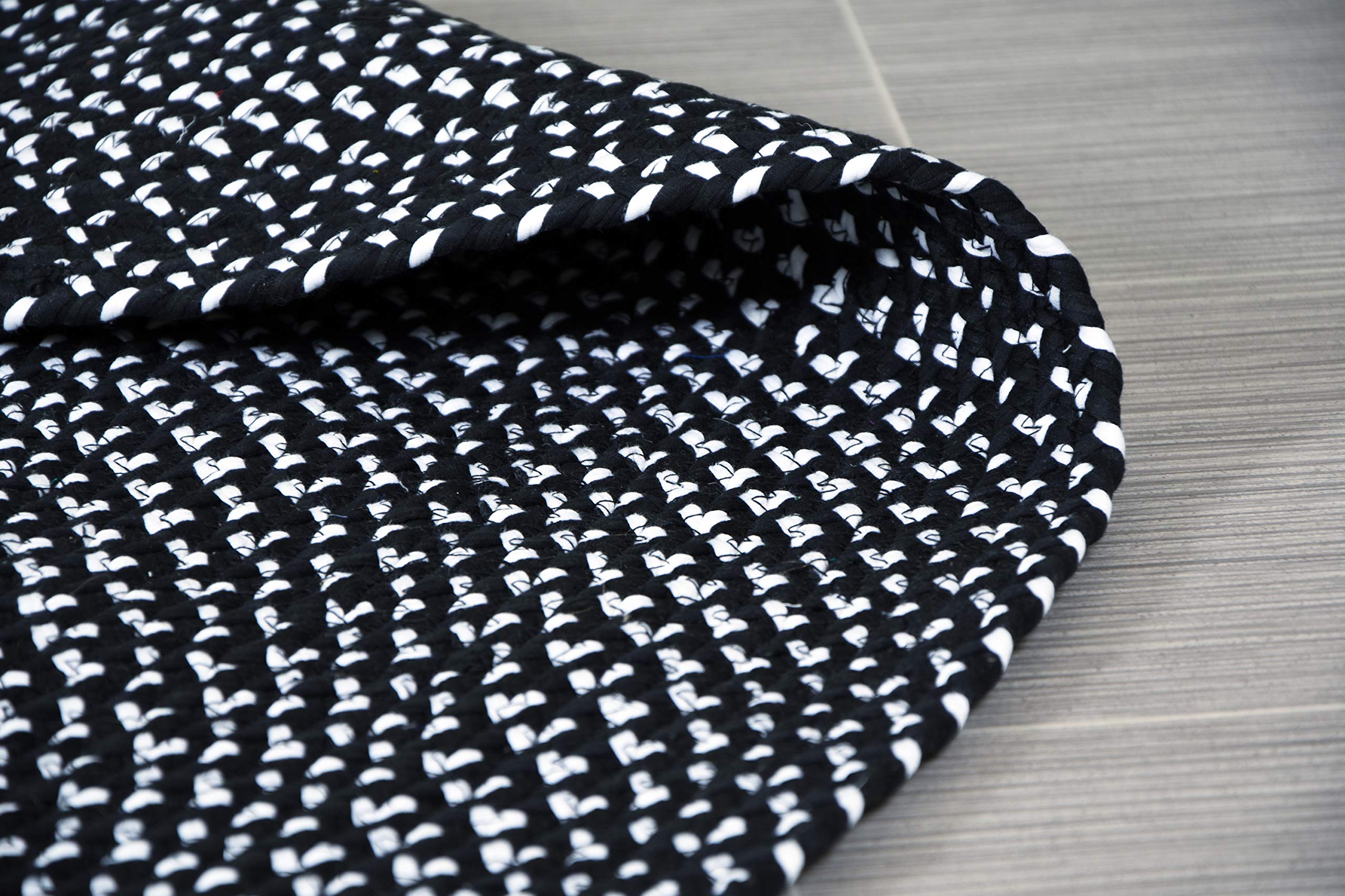 5 ft Round Black & White Braided Cotton Chindi Area Rug - Non-Slip Reversible Handwoven for Living Room, Bedroom, Dining Room - MystiqueDecors