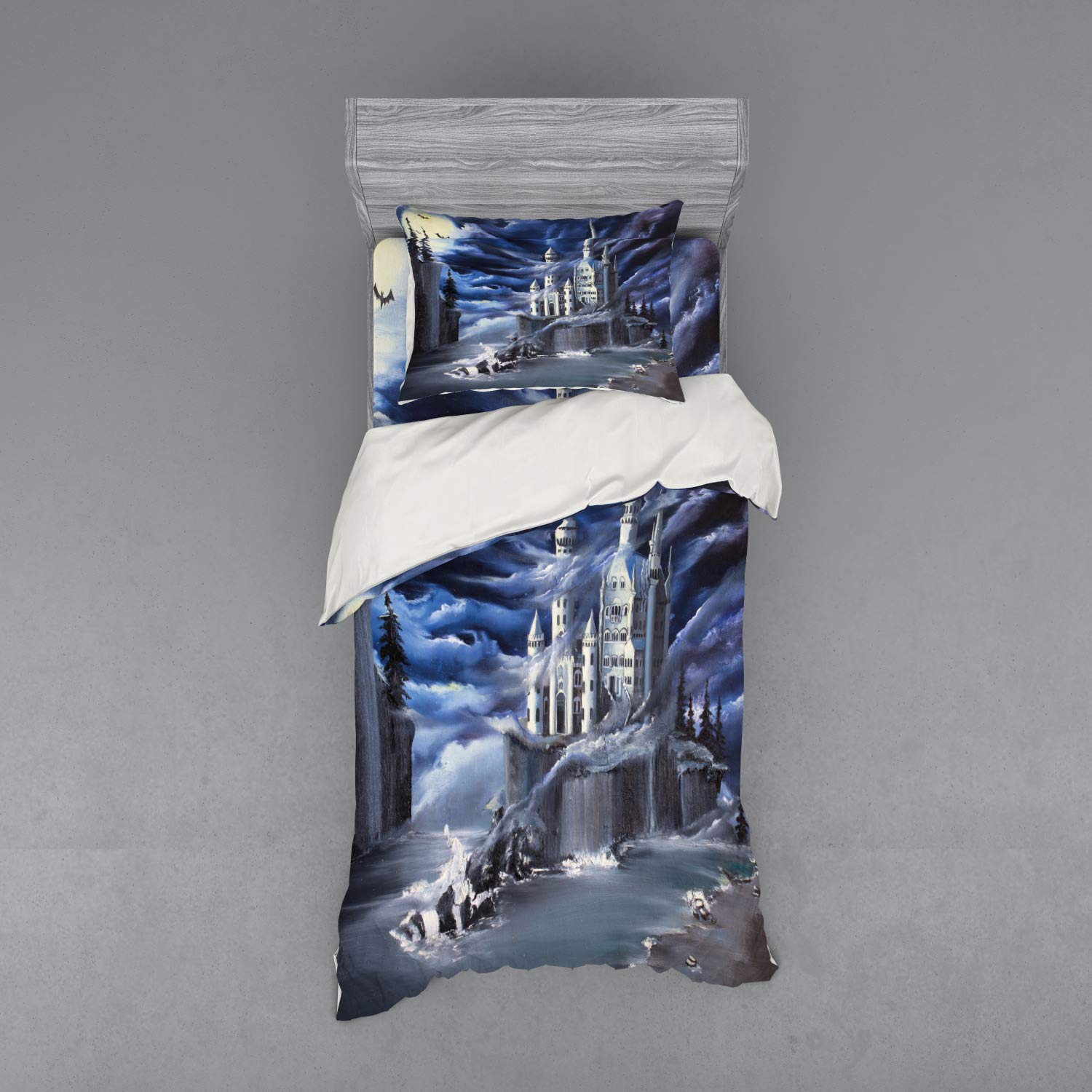 Ambesonne Fantasy Duvet Cover Set - Island Castle Full Moon Cloudy Sky Foggy Weather 3-Piece Bedding Set with Pillow Sham & Fitted Sheet, Twin XL Size, Dark Blue Grey White - Perfect for Gothic & Medieval Themed Bedrooms, Teen Rooms & Fantasy Decor