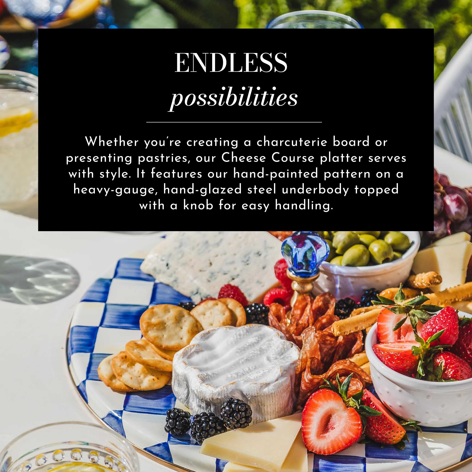 MACKENZIE-CHILDS Blue-and-White Royal Check Cheese Board Set - Elegant Charcuterie Serving Tray for Cheese, Crackers & Charcuterie - Perfect for Dinner Parties, Wine Nights & Holiday Entertaining