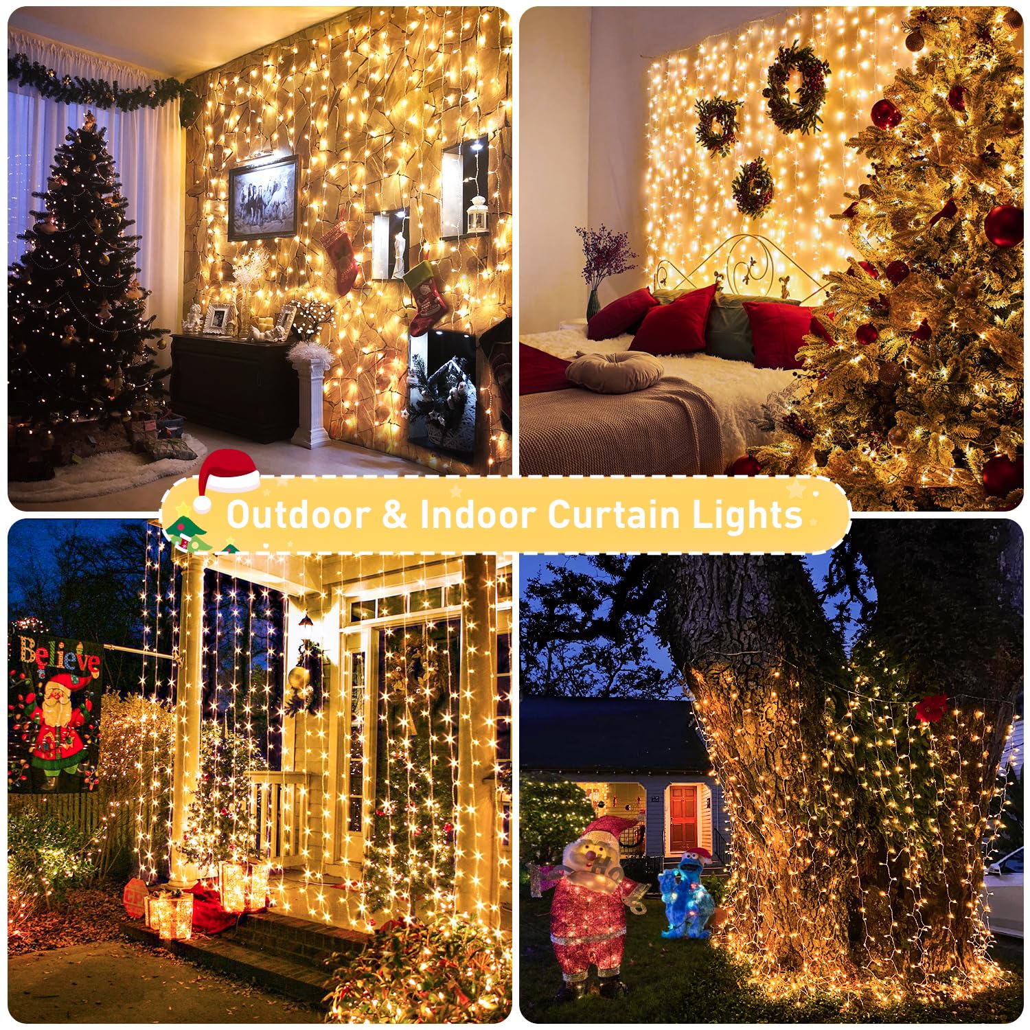 JMEXSUSS 900LED Outdoor Christmas Curtain Lights - 9.5x29.5ft Waterproof String Lights with Remote Control, Warm White Plug-in Hanging Lights for Wedding, Bedroom, Wall Decor, Camping & Holiday Party Backdrop