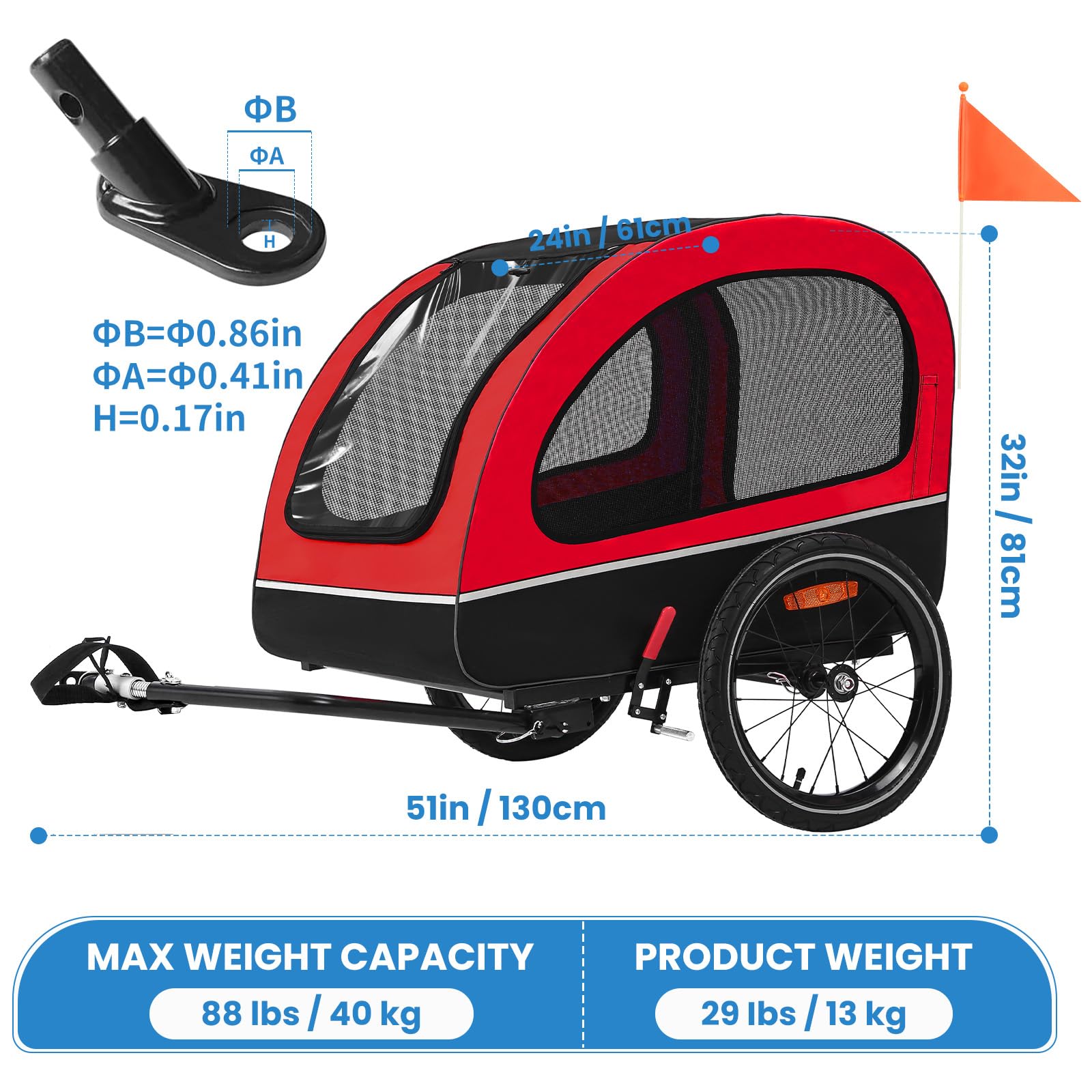 Sepnine Dog Bike Trailer - Foldable Pet Bicycle Cart for Small & Medium Dogs - Quick Release Wheels & Universal Bicycle Coupler - 66LBS Capacity - Perfect for Cycling Adventures, Park Trips & Outdoor Activities with Your Pet