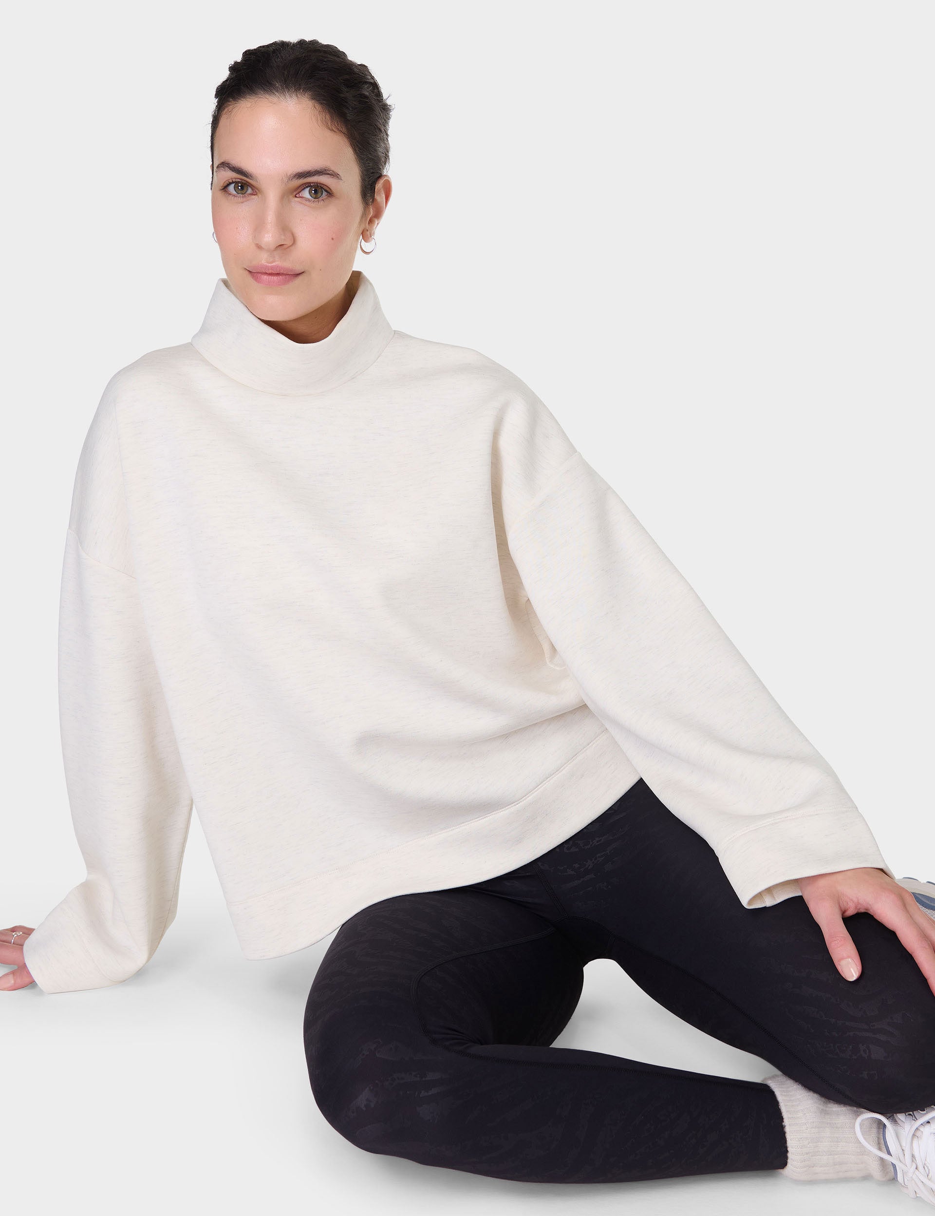 Cozy Wind Down Funnel Neck Sweatshirt - Soft White Marl Pullover for Women | Perfect for Relaxing at Home, Lounging & Casual Outfits