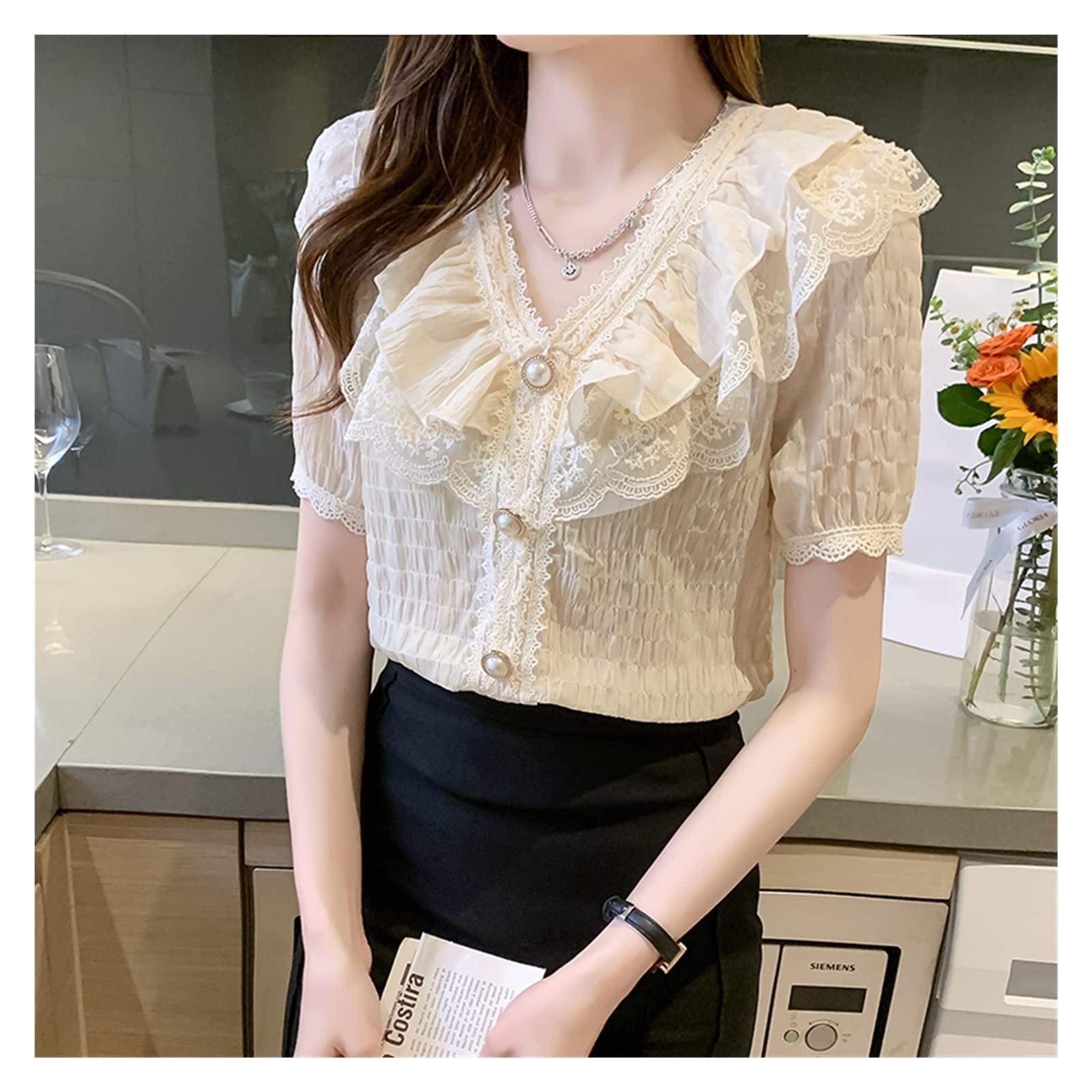 Elegant White Chiffon Lace Ruffle Blouse for Women - Sweet V-Neck French Style Short Sleeve Top (Size S) | Perfect for Office Wear, Date Nights & Summer Outfits