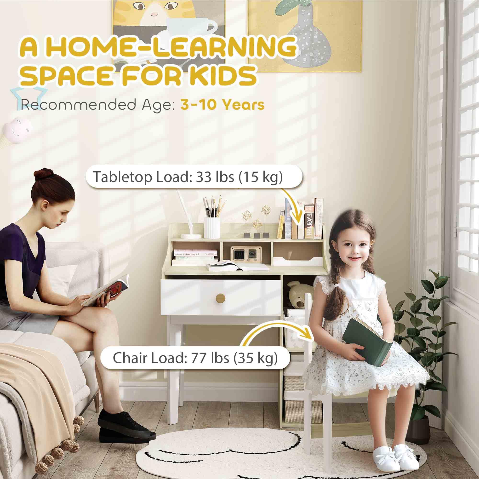 Qaba Kids Study Desk and Chair Set with Storage Shelves & Drawer - Adjustable Height Children's Desk for Ages 3-10 - White - Perfect for Homeschooling, Online Learning & Bedroom Study Space