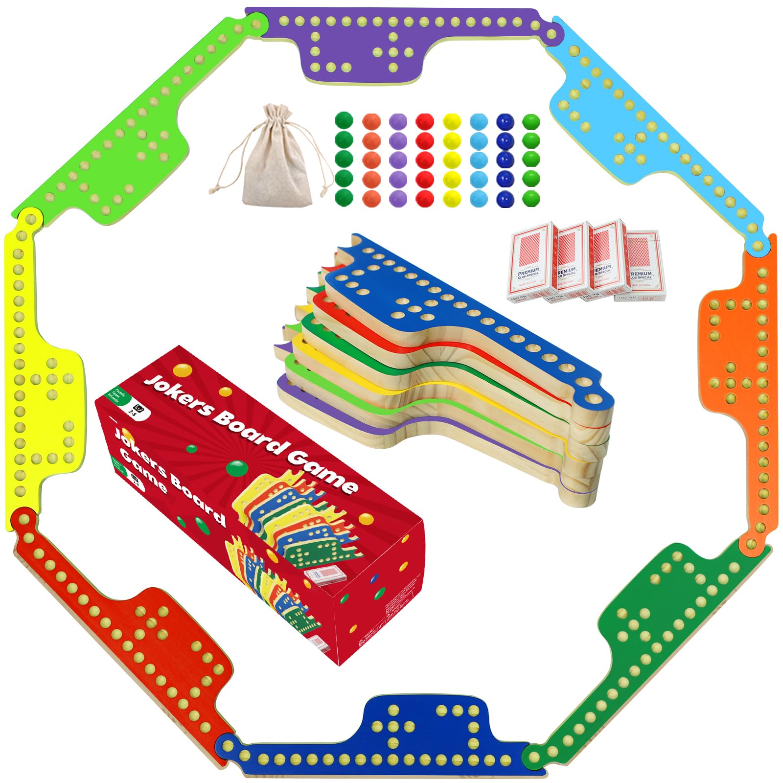 Pegs and Jokers Board Game Set - 2-8 Player Strategy Card Game with 8 Solid Wood Boards, 40 Colorful Marbles & 4 Decks of Cards | Perfect for Family Game Nights, Parties and Group Gatherings