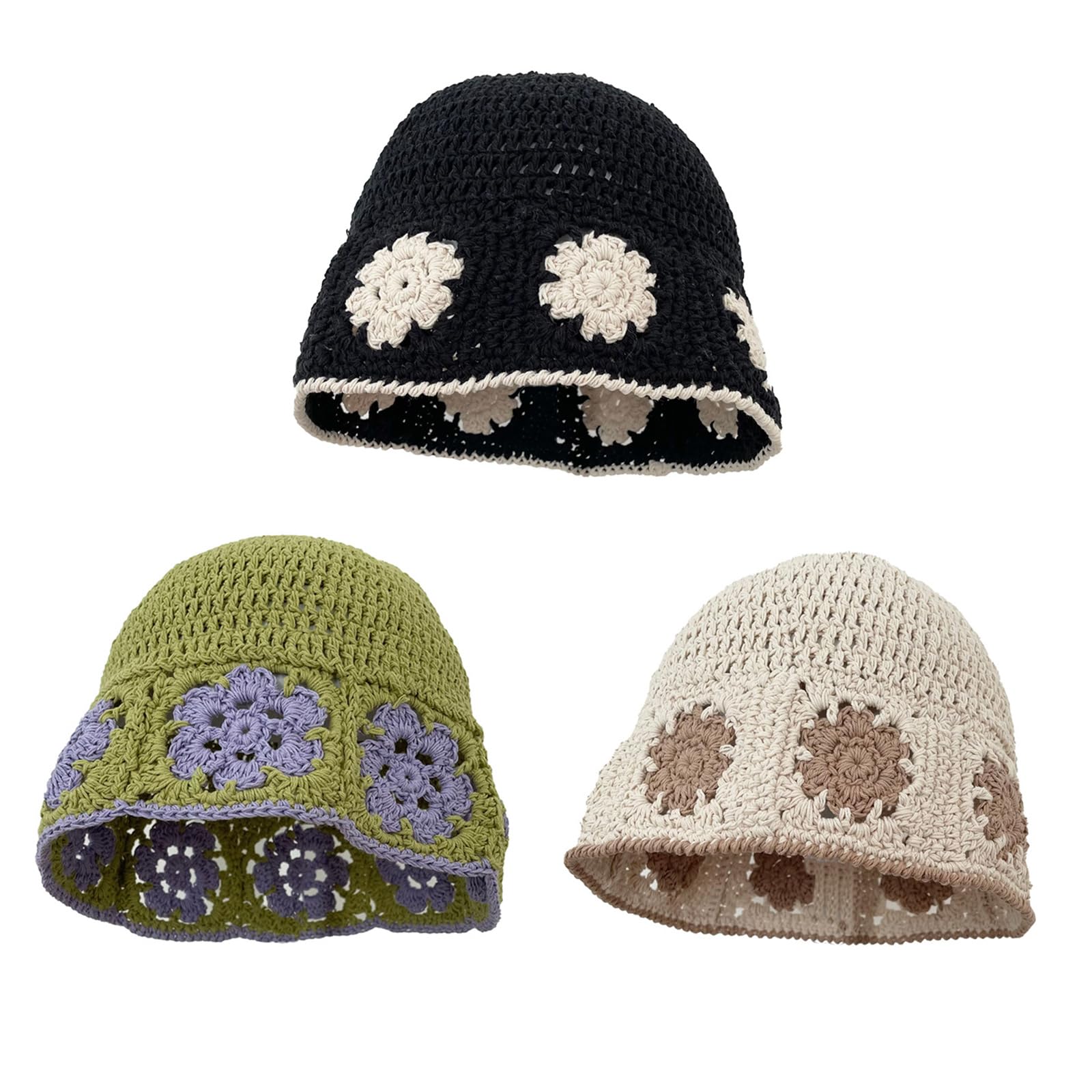 Women's Floral Crochet Knit Bucket Hat - Breathable Sun Hat for Beach, Photography & Outdoor Activities - Adjustable Medium Size in Black (BK)