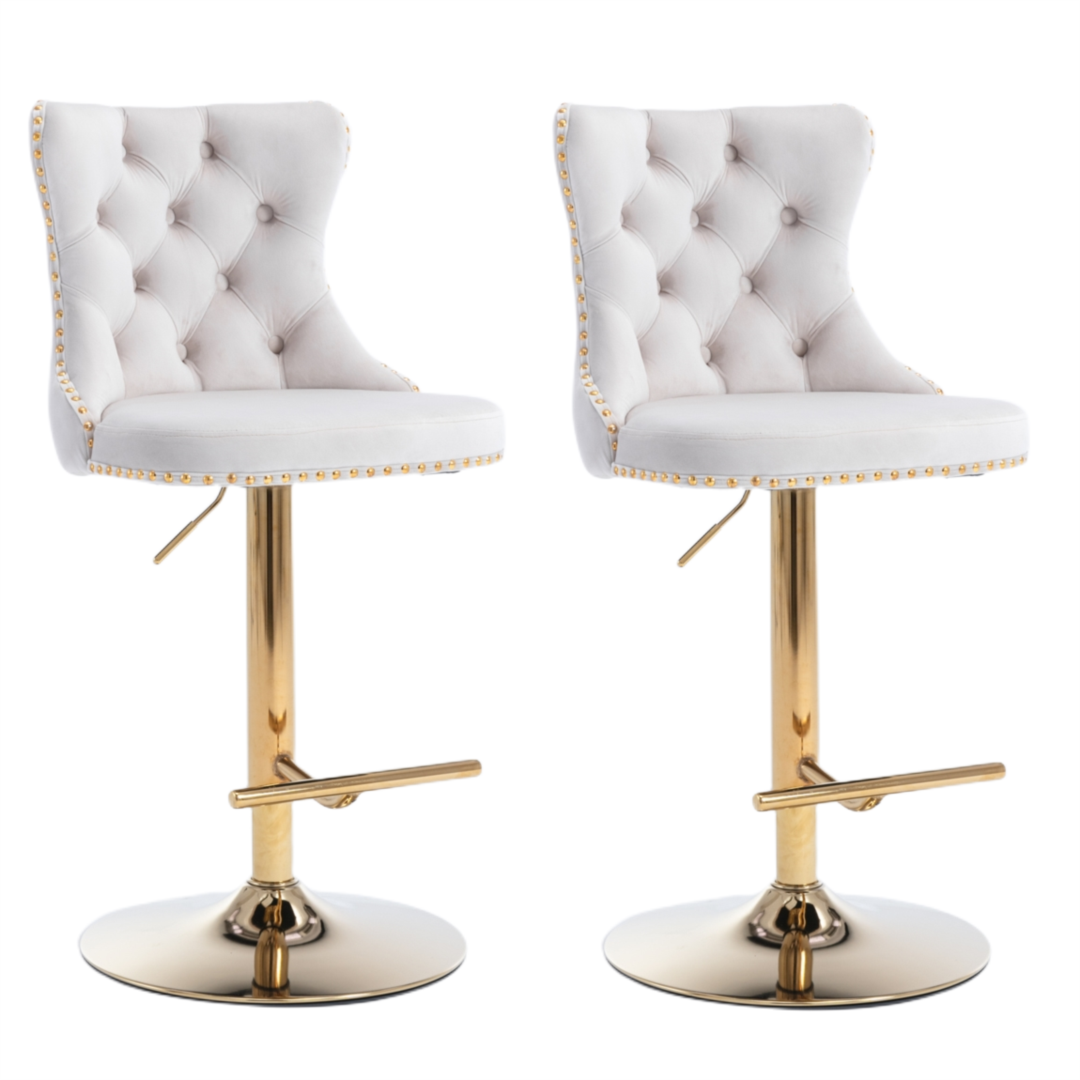 Adjustable Height Swivel Bar Stools with Footrest - Velvet Upholstered, Gold Metal Base, Beige - Perfect for Kitchen Islands, Home Bars & Breakfast Nook Seating