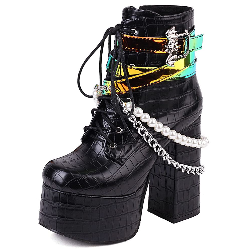 SaraIris Women's Chunky High Heel Platform Boots - Punk Goth Ankle Boots with Lace-up, Chain & Pearl Details (Black) | Perfect for Halloween, Cosplay & Alternative Fashion Outfits