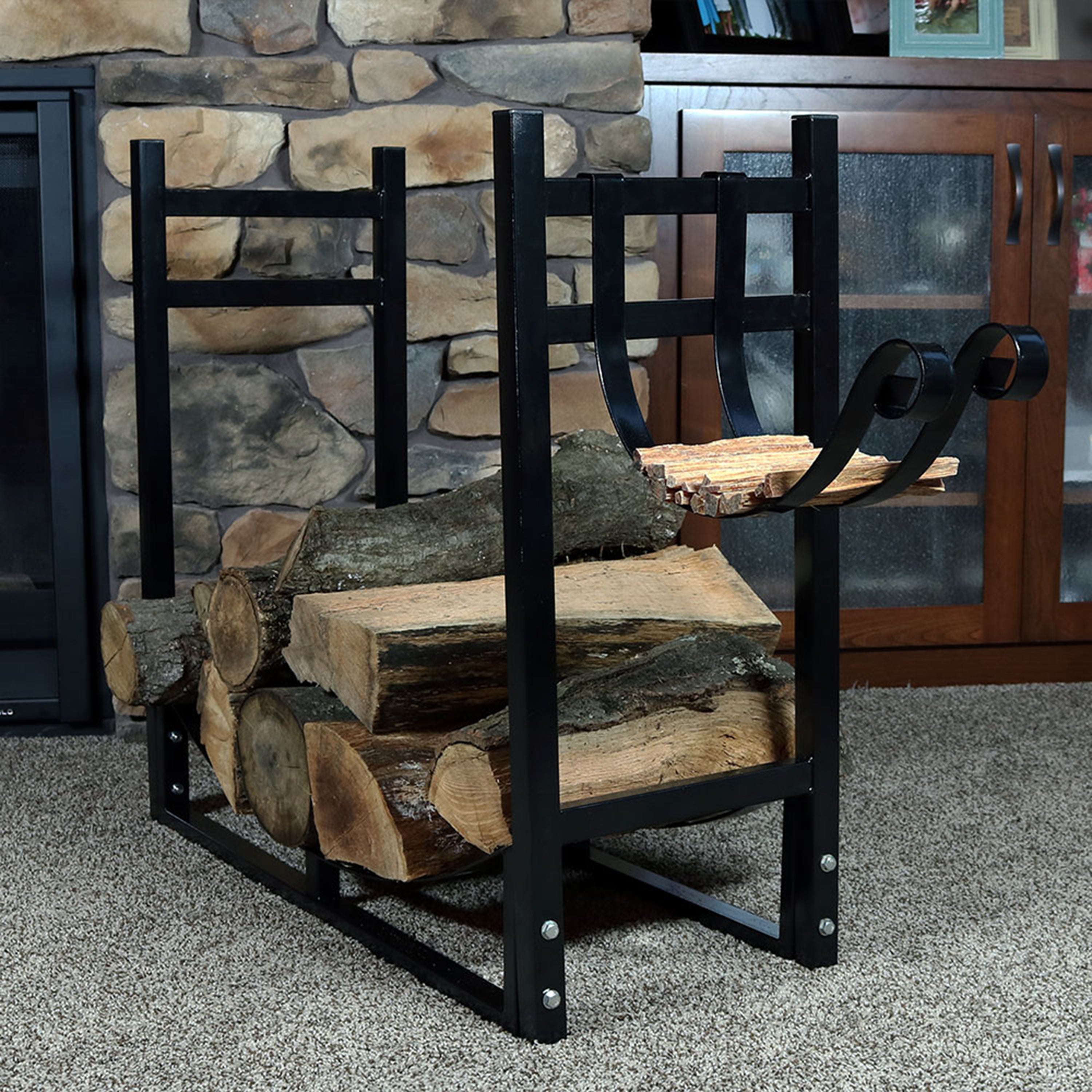 Sunnydaze Outdoor Firewood Storage Rack with Kindling Holder - Heavy Duty Steel Wood Holder for Fireplace, Patio, Backyard & Camping