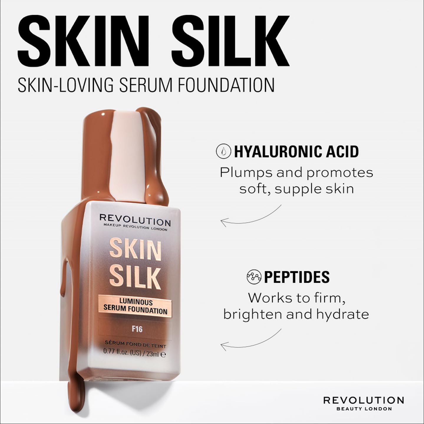 Revolution Beauty Skin Silk Serum Foundation - Lightweight Liquid Makeup with Hyaluronic Acid for Fair Skin (F2), 0.77 Fl Oz | Light to Medium Coverage with Radiant Finish | Perfect for Daily Wear & Special Occasions