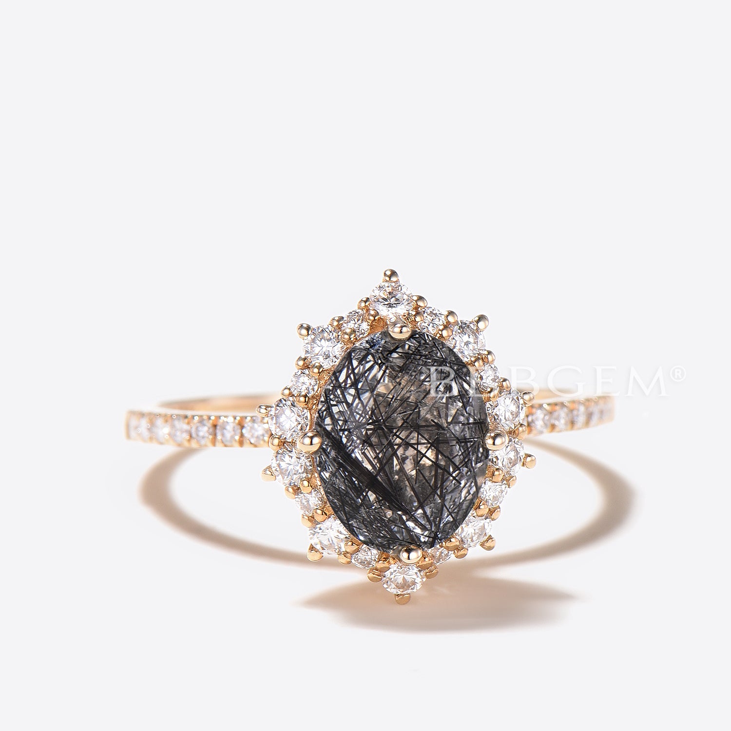 Natural Black Rutilated Quartz Oval Cut Halo Diamond Engagement Ring - Perfect for Proposals, Anniversaries & Special Occasions