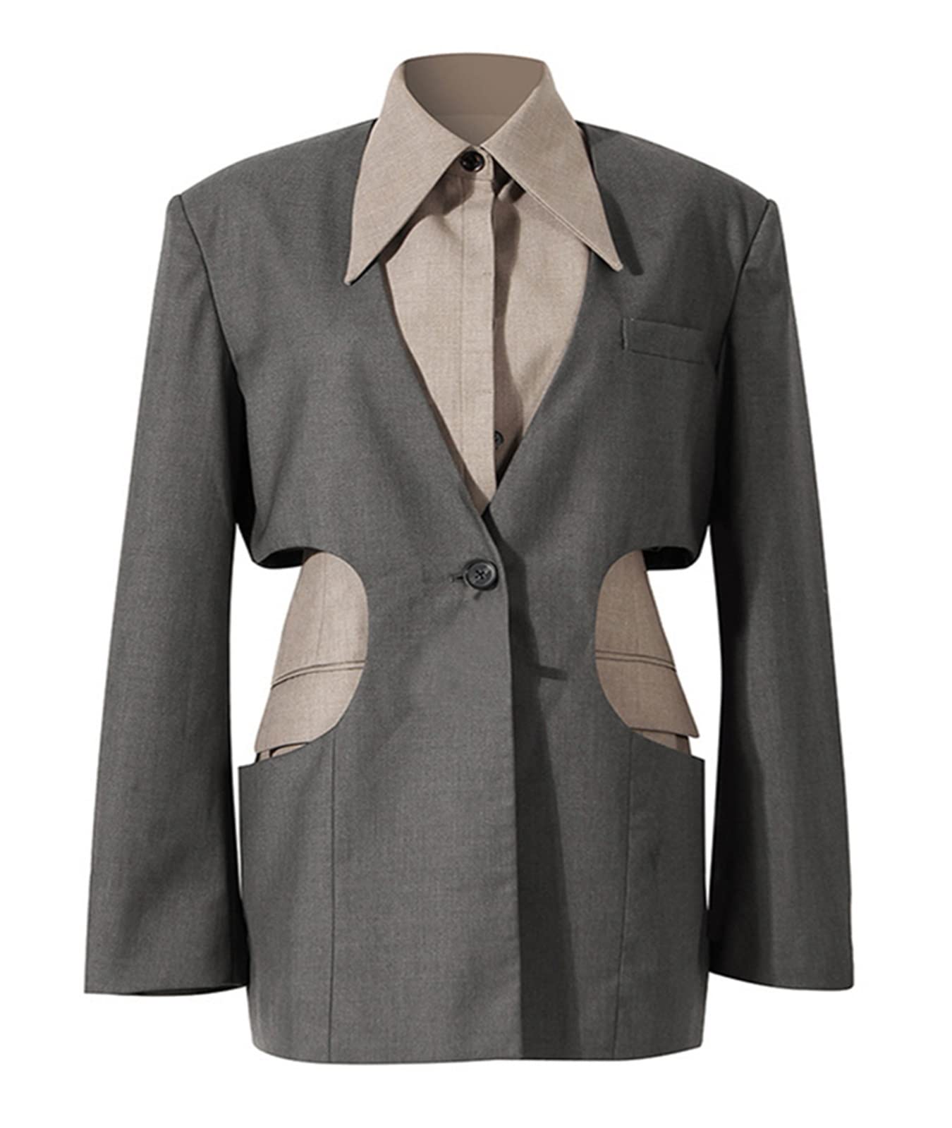 Skyue Women's Black & Gray Asymmetrical Blazer Jacket - Long Sleeve Loose Fit Lapel Coat for Spring & Autumn | Office Wear, Casual Outfits, Business Attire