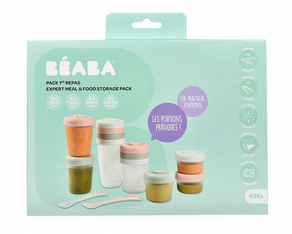 BEABA Baby Food Storage Containers with Lids - Set of 12 BPA-Free Clip Lock Containers + 4 Spoons for Infant Puree, Snacks & Breast Milk | Microwave & Dishwasher Safe