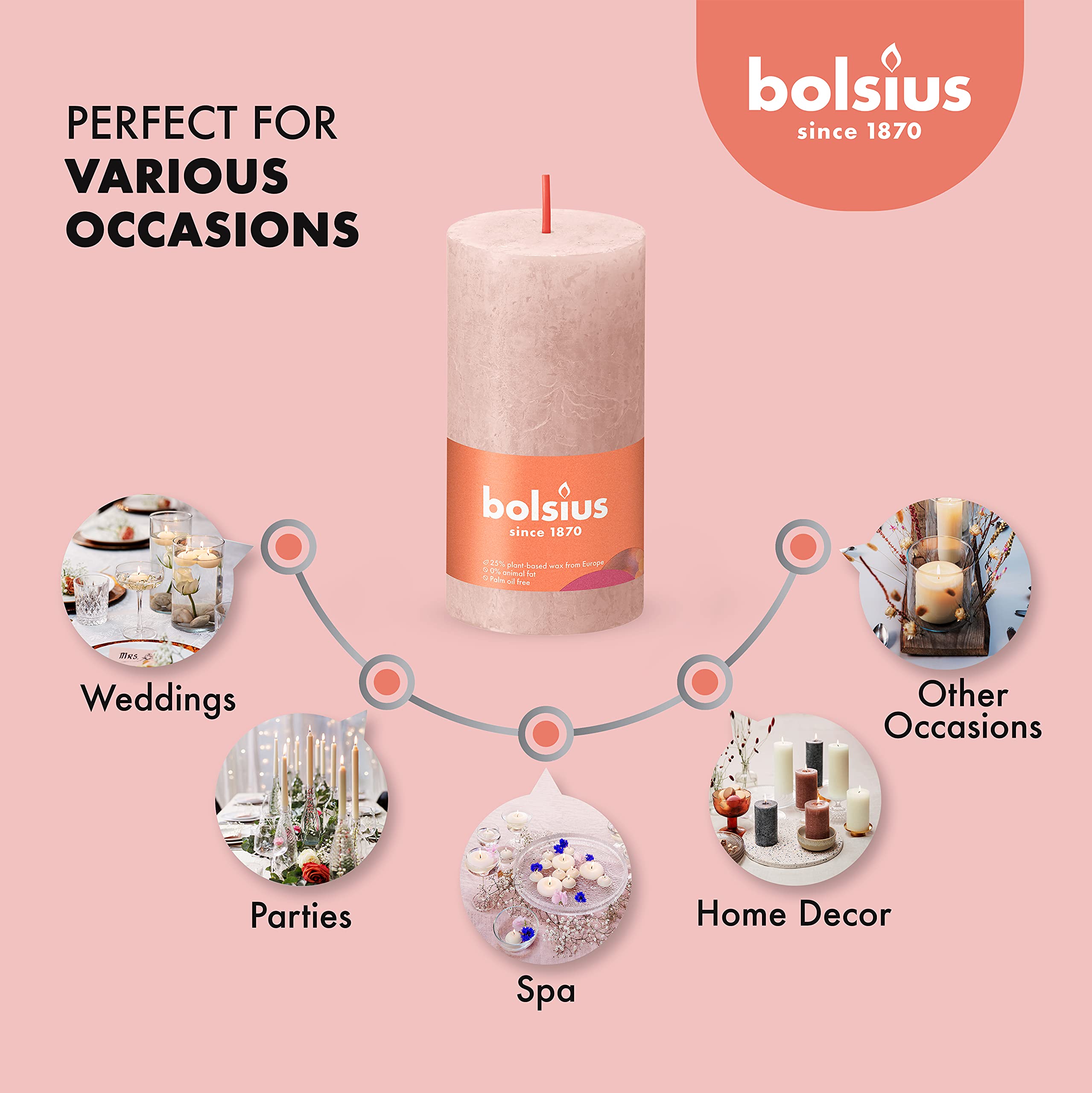 BOLSIUS 4 Pack Misty Pink Rustic Pillar Candles - 2 X 4 Inches - Premium European Quality Unscented Dripless Smokeless Candles with Natural Plant-Based Wax - 30 Hour Burn Time for Wedding, Party, Home Decor, Romantic Dinner & Holiday Centerpieces