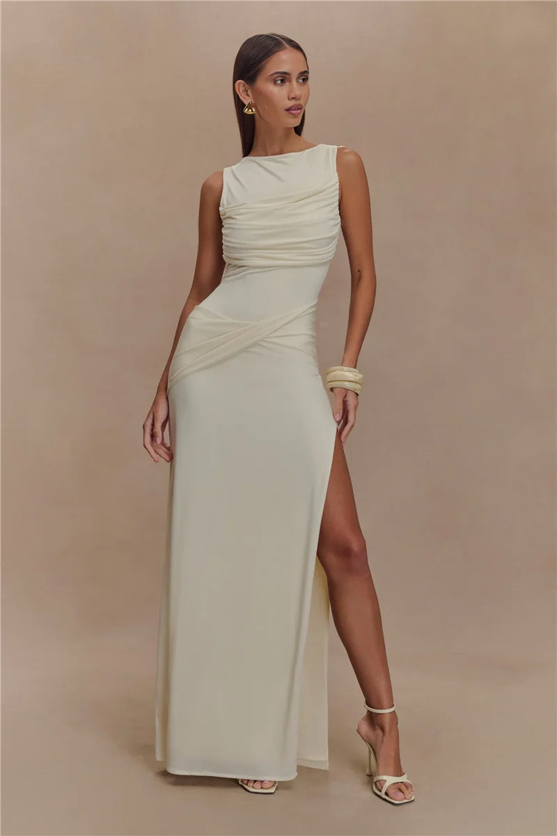Sexy Backless Ruched Maxi Tank Dress for Women - Elegant O Neck Thigh High Split Bodycon Long Gown | Perfect for Summer Parties, Date Nights & Beach Vacations