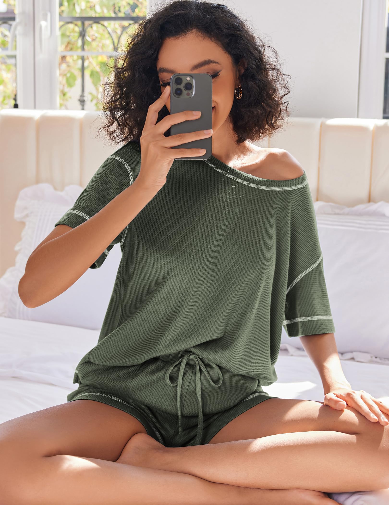 Ekouaer Women's Waffle Knit Pajama Set - 2 Piece Soft Lounge Outfit with Pockets | Cozy Sleepwear for Nighttime & Relaxing at Home