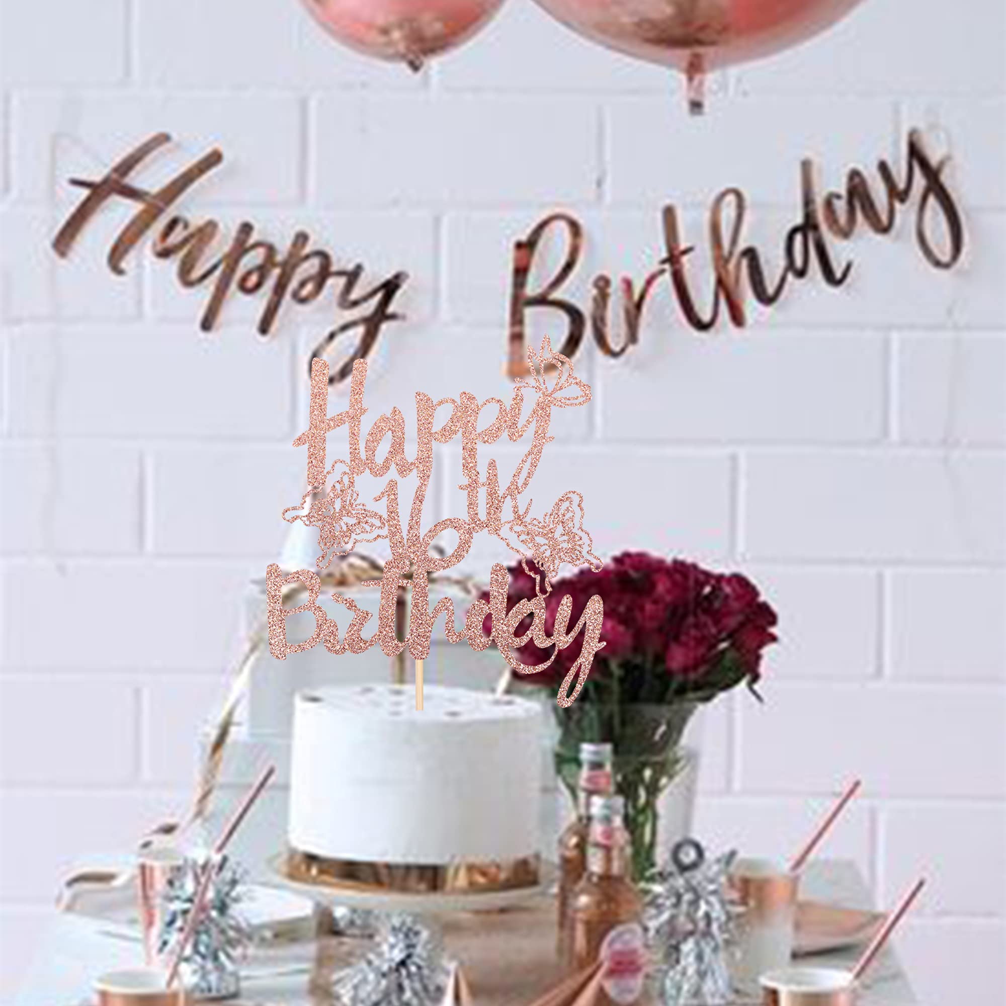 1 PCS Happy 16th Birthday Cake Topper with Glitter Butterfly - Cheers to 16 Years Old Cake Decorations for Sweet Sixteen Party Supplies (Rose Gold) | Perfect for Birthday Cakes, Cupcakes & Anniversary Celebrations