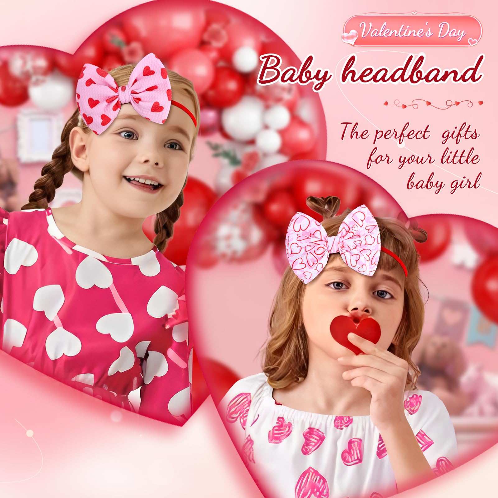 Baby Girl Hair Bows - Pink Heart Headband for Newborn & Toddler - Party & Photo Outfits