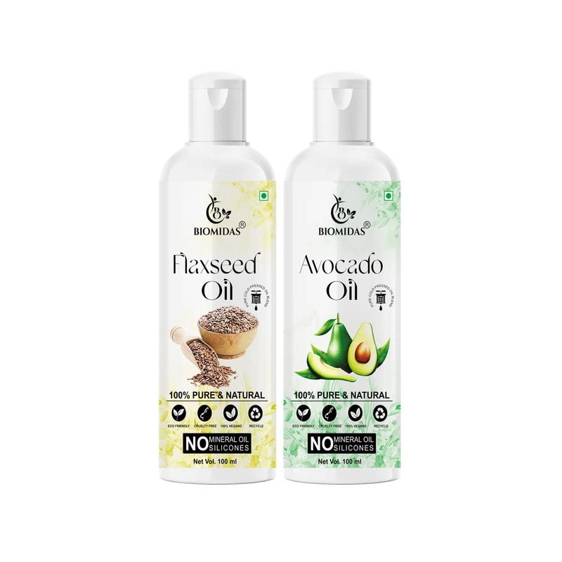 Biomidas 100% Pure Flaxseed Oil & Avocado Oil Combo Set (100ML Each) - Promotes Hair Growth, Reduces Hair Fall, Repairs Split Ends for Soft & Shiny Hair - Perfect for Daily Hair Care & Scalp Treatment