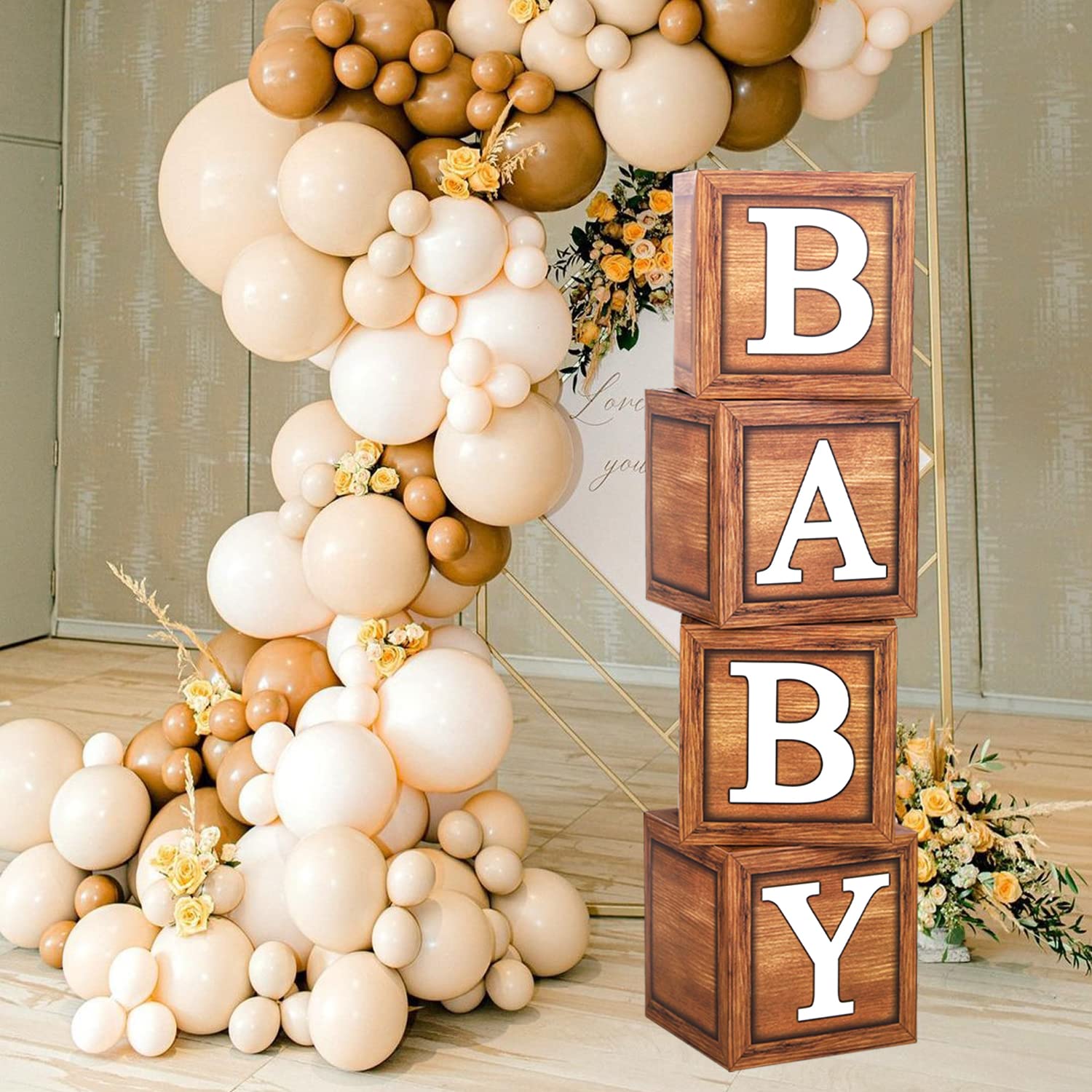Wood Grain Brown Baby Shower Balloon Boxes (4-Pack) - First Birthday Centerpiece Decorations, Teddy Bear Baby Shower Supplies & Gender Reveal Backdrop - Perfect for Baby Showers, Birthday Parties & Nursery Decor