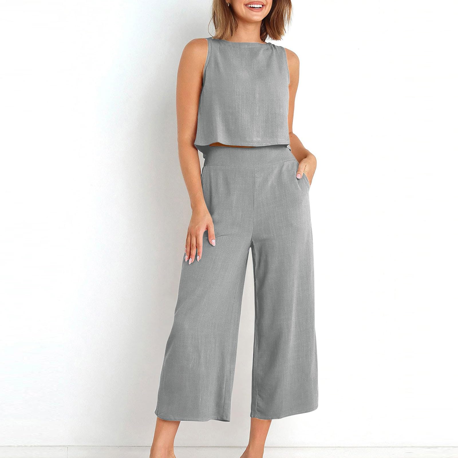 Women's 2-Piece Summer Outfit Set - Linen Crop Top & High Waist Wide Leg Capri Pants | Lounge Wear, Casual Matching Set | Perfect for Beach Vacation, Yoga & Summer Travel