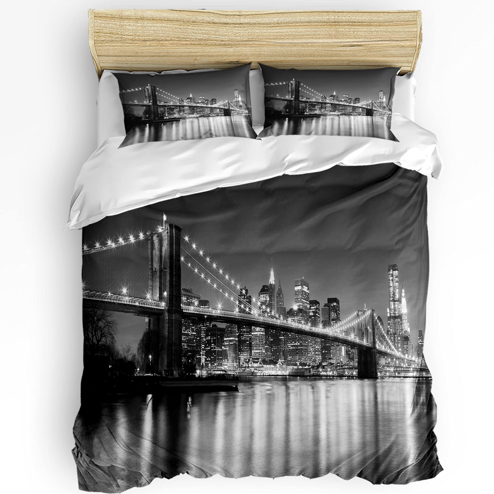 Brooklyn Bridge Duvet Cover Set - 3 Piece New York City Skyline Bedding Set with Zipper Closure (1 Comforter Cover + 2 Pillowcases) for California King Bed - Perfect for Urban-Themed Bedrooms & NYC Lovers