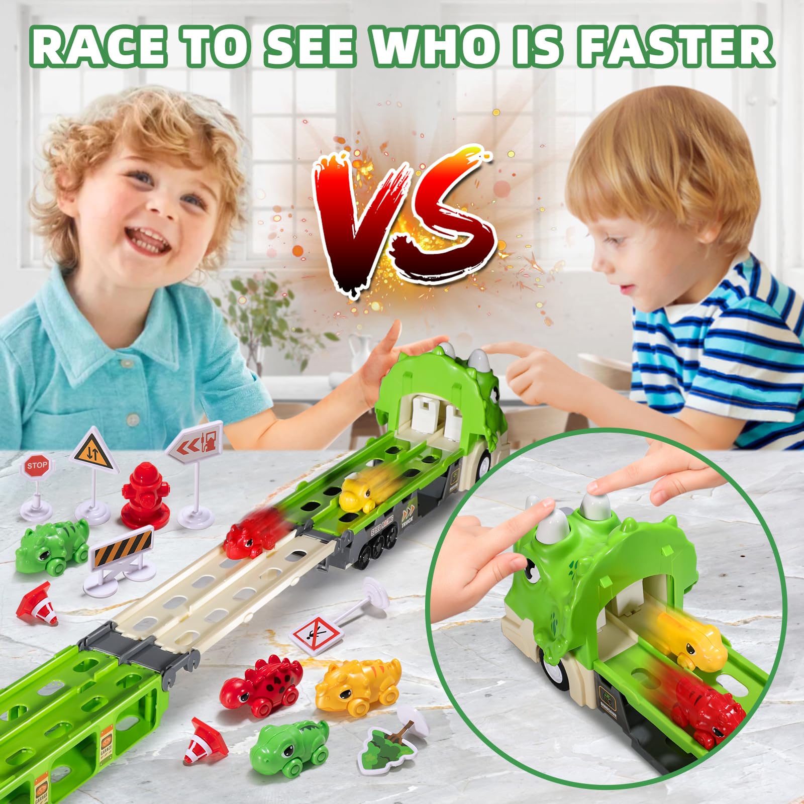 Dinosaur Toy Car Set with Foldable 117cm Track - Includes Launcher, 6 Mini Cars & 12 Road Signs - LED Lights & Sound Effects - Safe ABS Plastic & Dual-Layer Storage - STEM Learning Racing Playset for Kids Ages 3+ - Perfect for Birthday Gifts, Indoor Play & Preschool Educational Activities