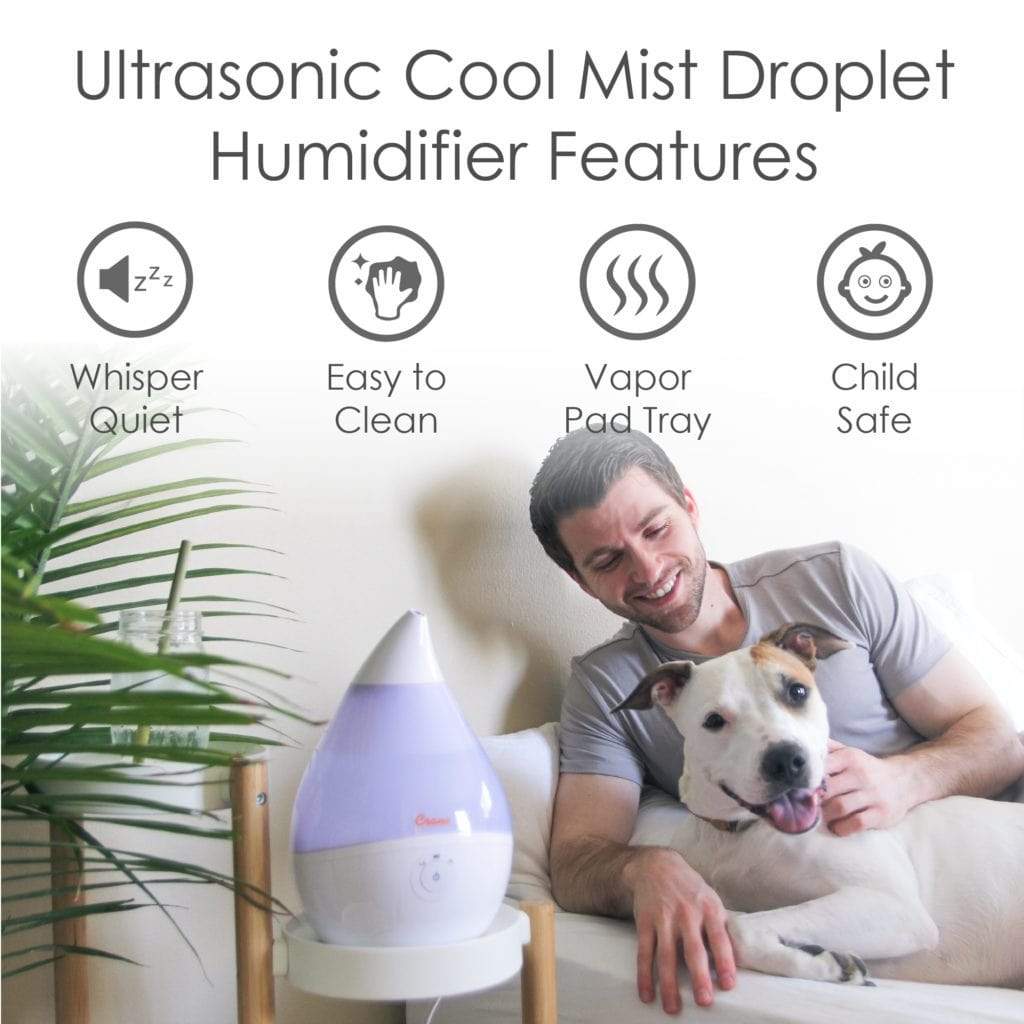 Crane Droplet Cool Mist Humidifier for Home - Ultrasonic Quiet Humidifier with Night Light, Perfect for Bedroom, Nursery & Office - Relieves Dry Air, Allergies & Congestion