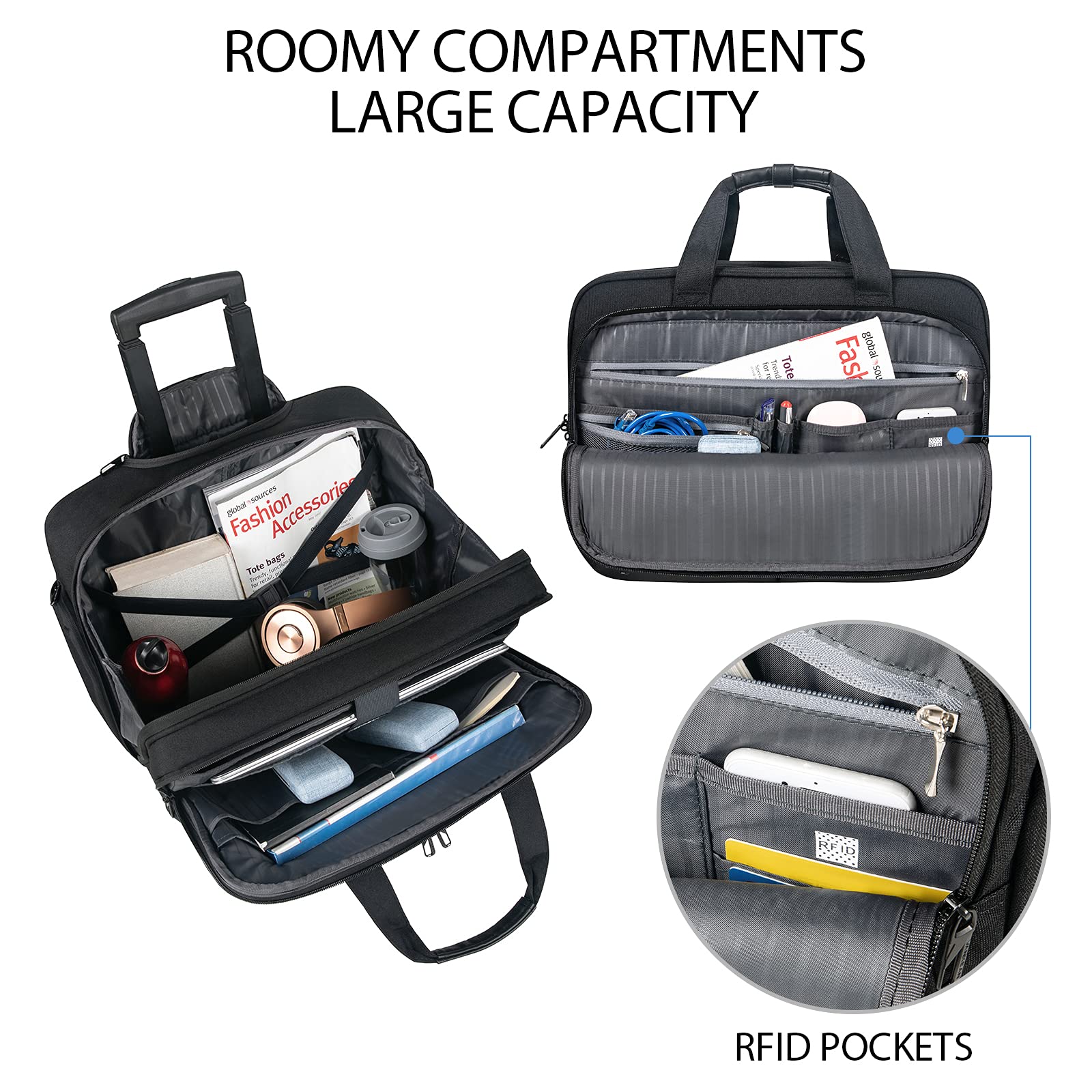 17.3 Inch Rolling Laptop Bag - Waterproof Overnight Travel Business Briefcase with Wheels, Stylish Black Carry-On Luggage for Work, Commuting & Air Travel