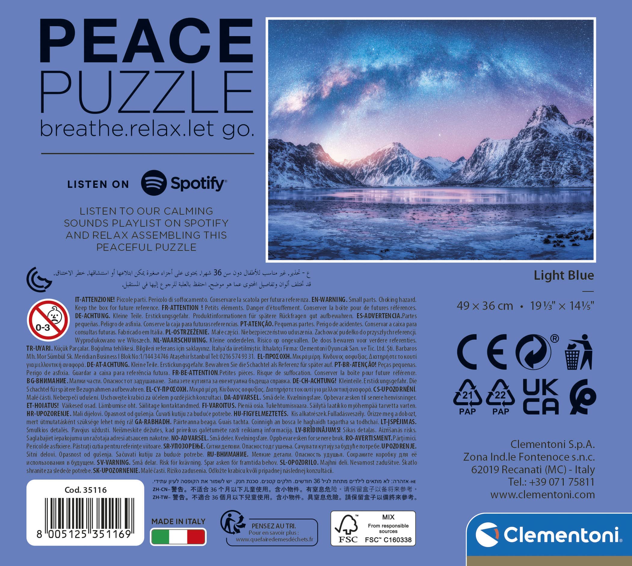 Clementoni 35116 Peace Puzzle 500 Pieces - Light Blue Adult Jigsaw Puzzle, Relaxing Landscape Puzzle for Adults, Made in Italy - Perfect for Stress Relief, Home Decor & Family Game Night
