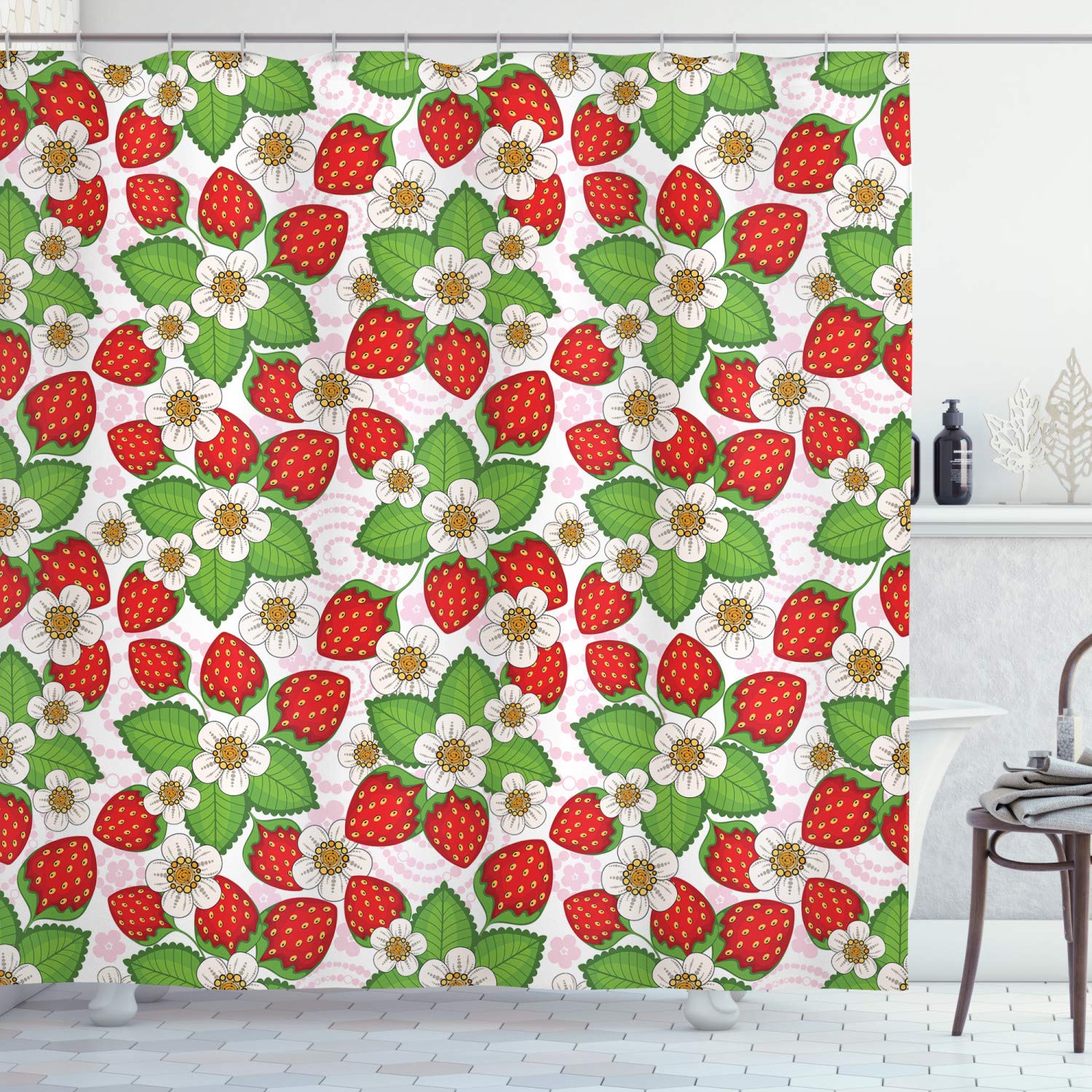 Ambesonne Floral Shower Curtain with Strawberries and Leaves - Spring Inspired Bathroom Decor Set with Hooks, 69x75 Inches, Green & Red - Perfect for Farmhouse, Vintage or Cottage Style Bathrooms