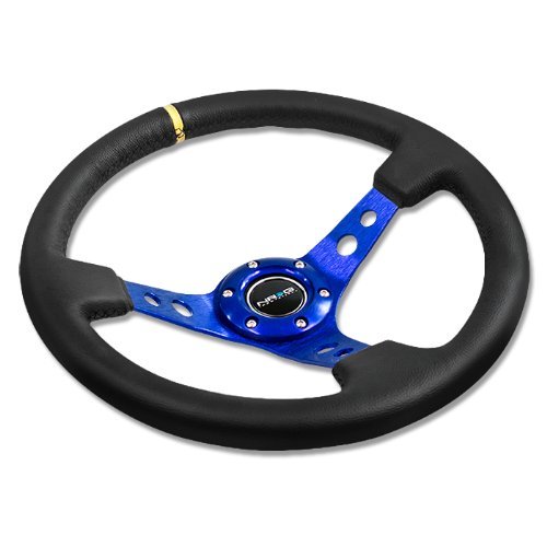 NRG Innovations ST-006R-BL-Y 350mm (3 Inch) Deep Dish 6-Hole Racing Steering Wheel - Black Leather with Blue Center & Horn Button - Perfect for Drifting, Track Racing & Custom Car Builds